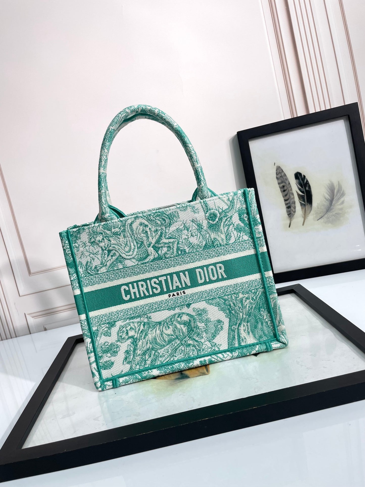 Christian Dior Medium Book Tote Green Toile de Jouy Embroidery