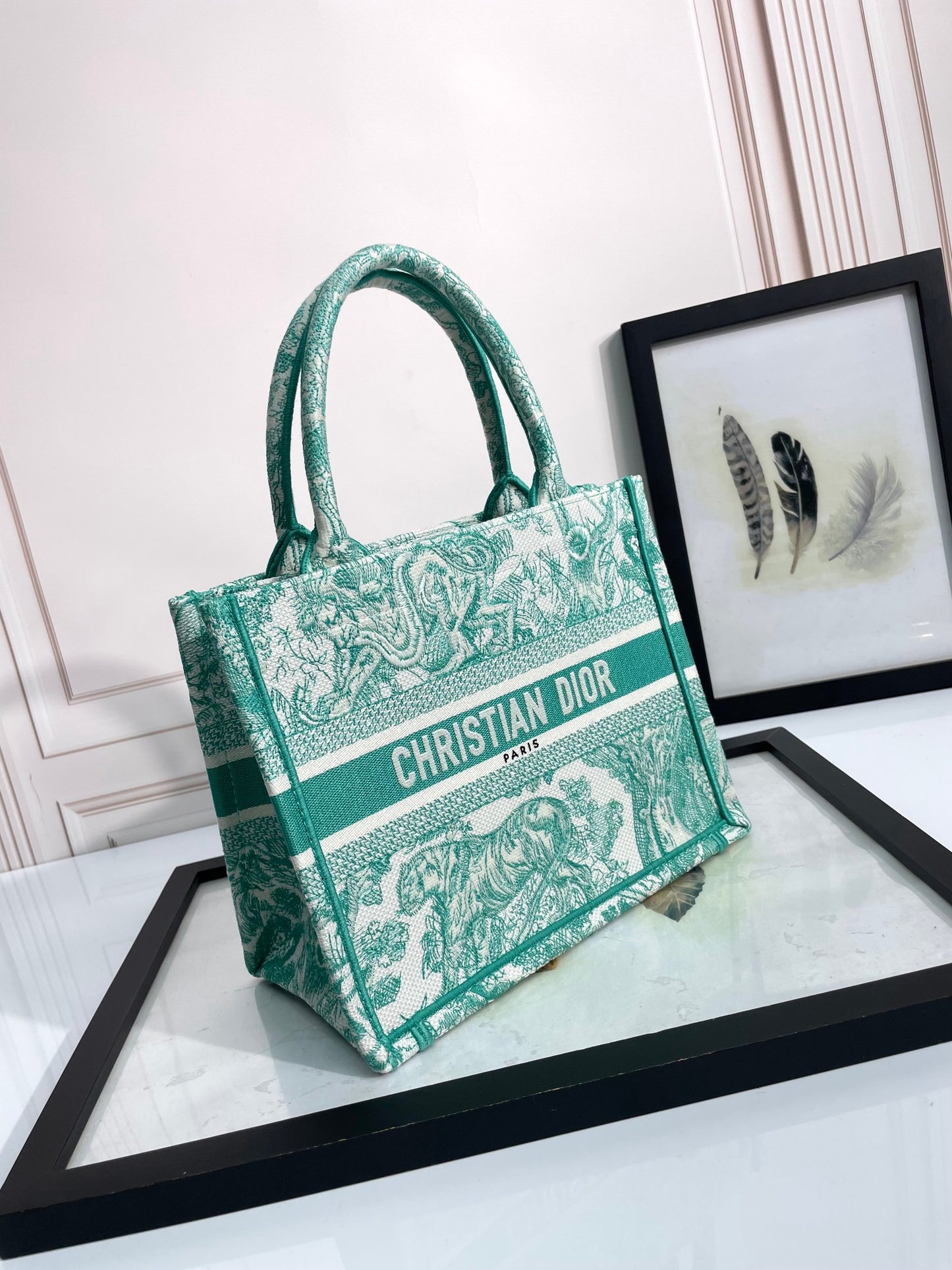 Christian Dior Small Book Tote - Green Toile de Jouy Embroidery