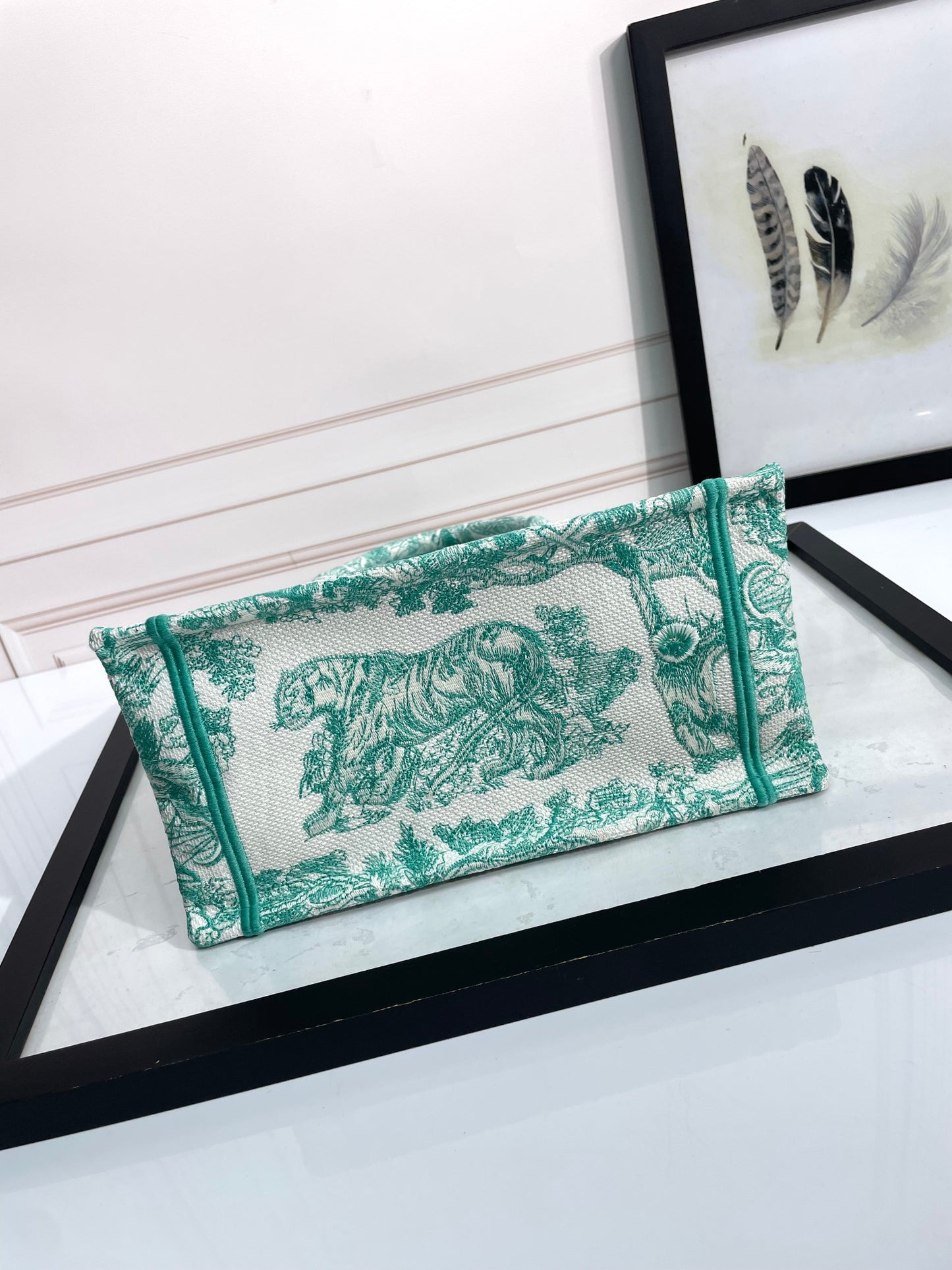 Christian Dior Green Toile de Jouy Embroidered Book Tote Bag