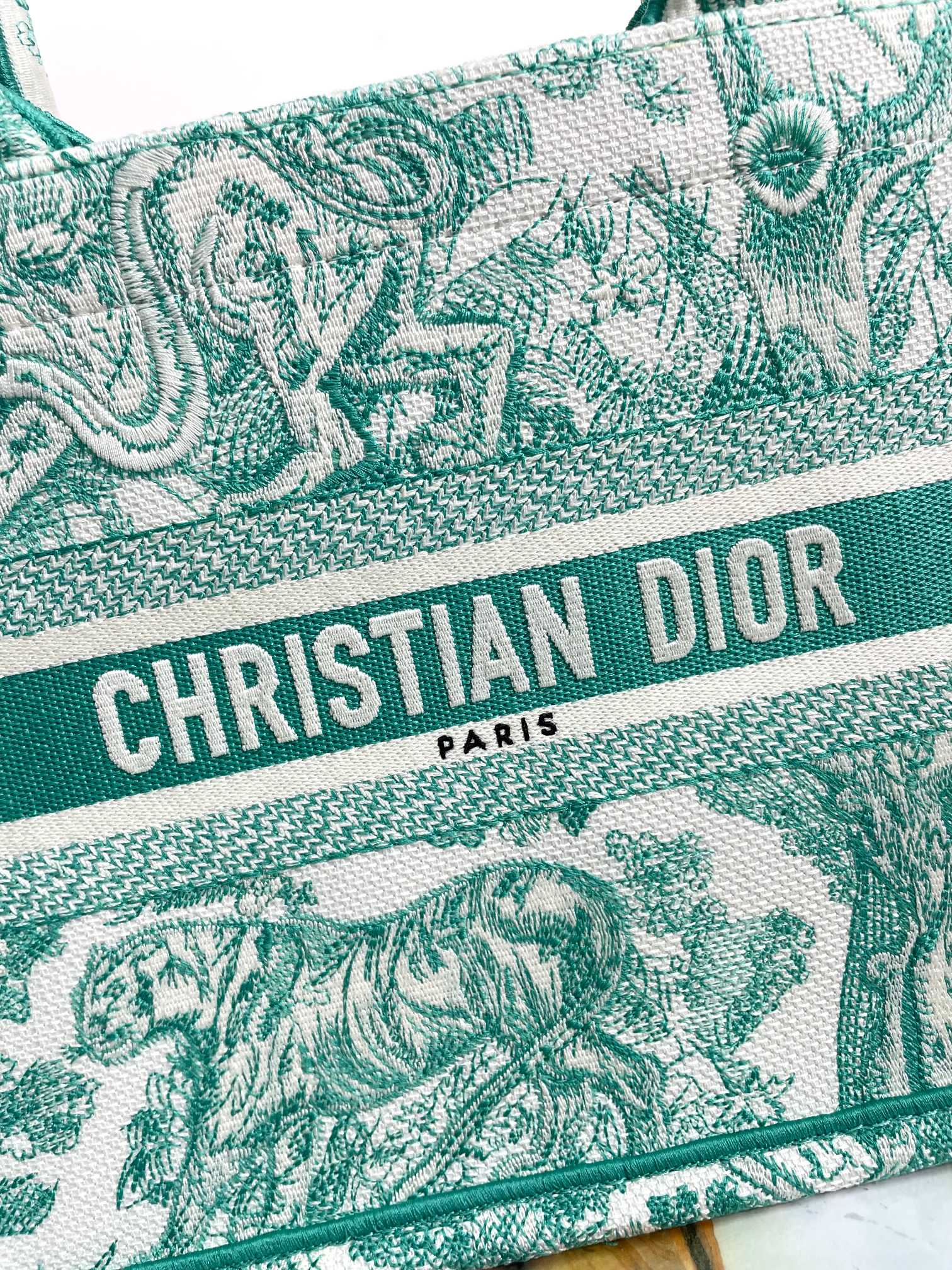 Christian Dior Book Tote Bag - Green and White Toile de Jouy Embroidered Canvas