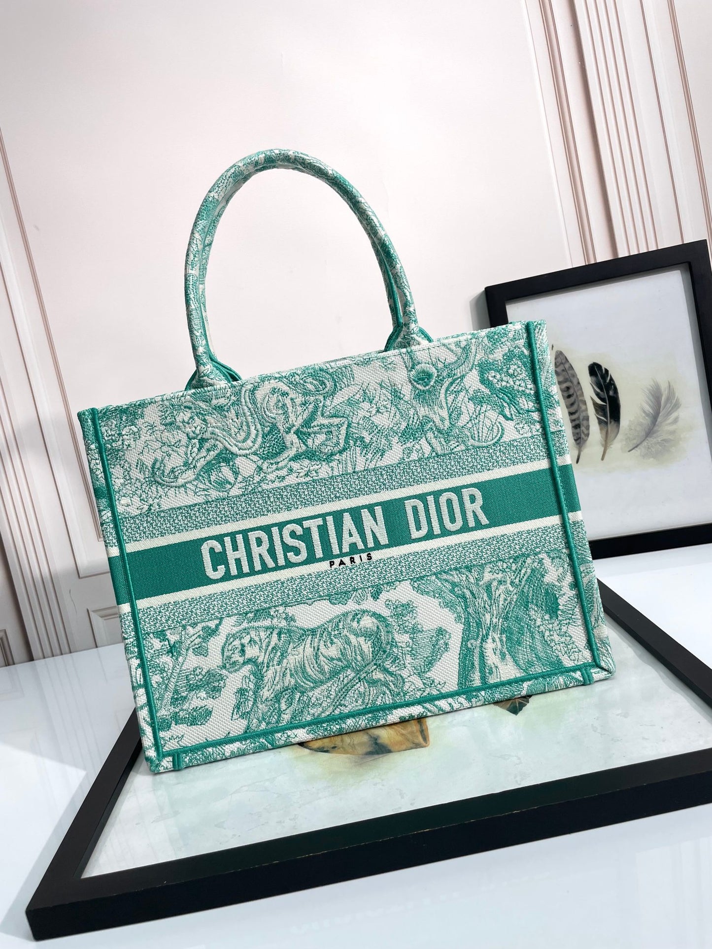 Christian Dior Medium Book Tote - Green Toile de Jouy Embroidery