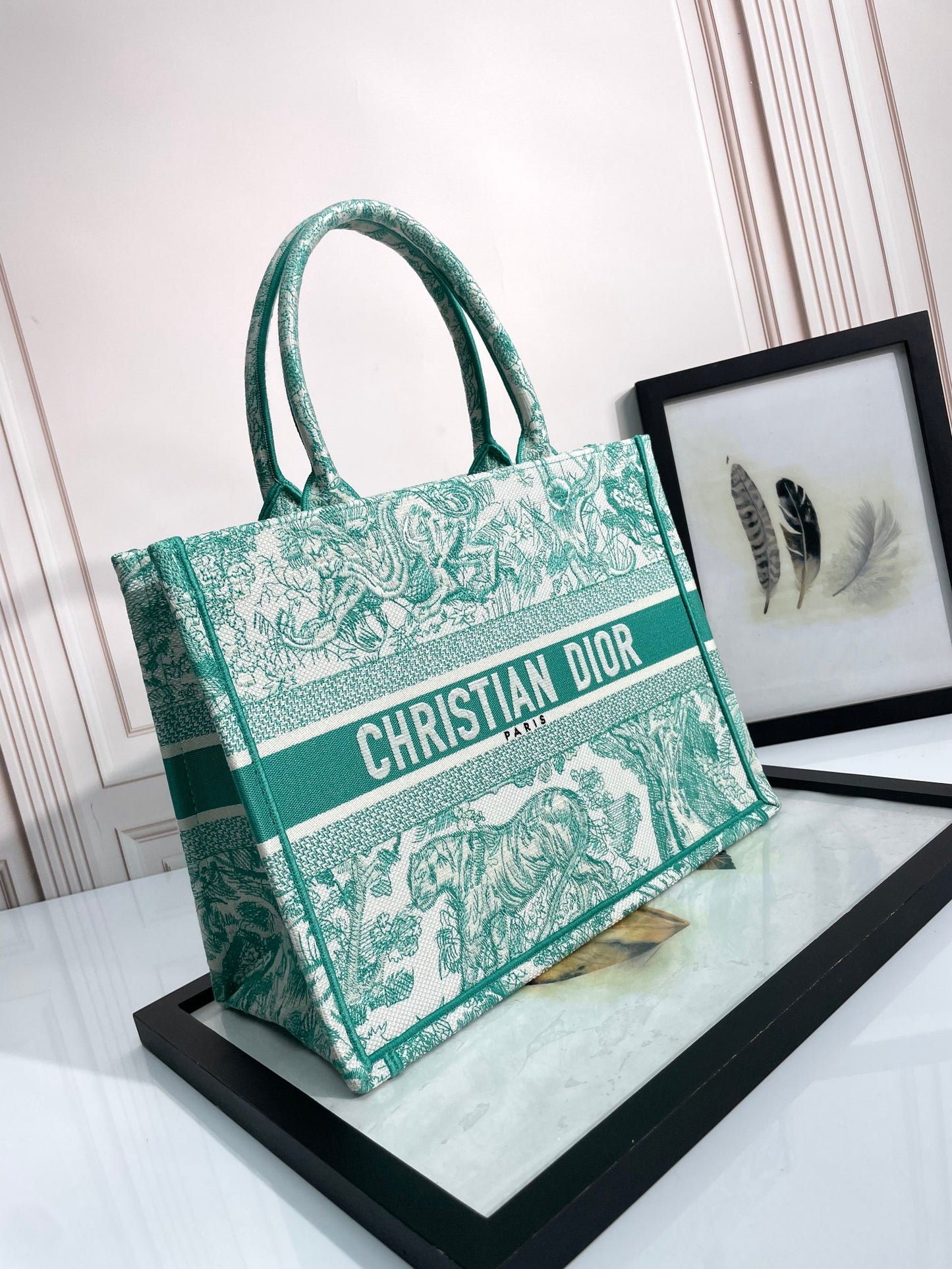 Christian Dior Medium Book Tote Green Toile de Jouy Embroidery
