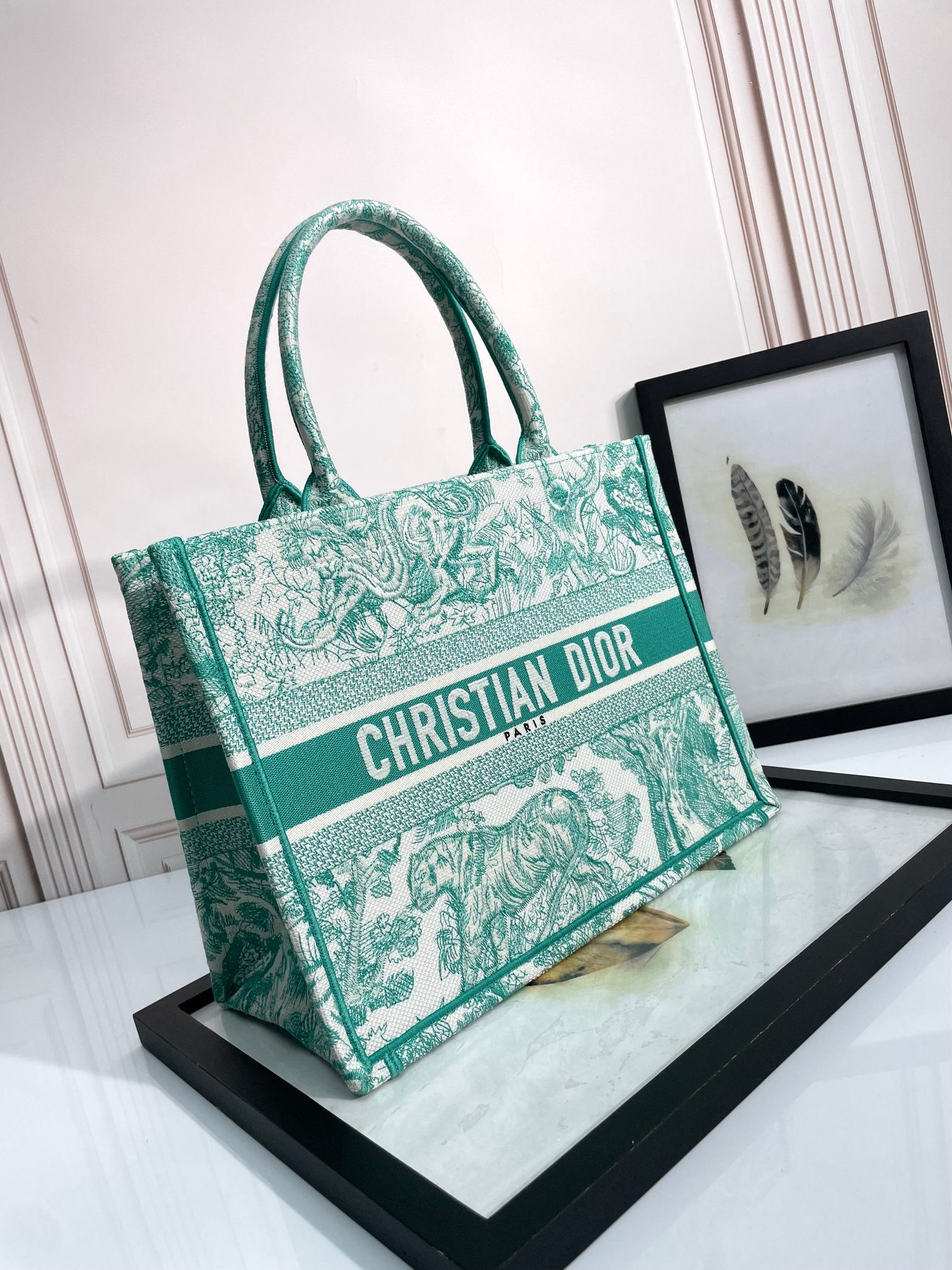 Christian Dior Medium Book Tote - Green Toile de Jouy Embroidery