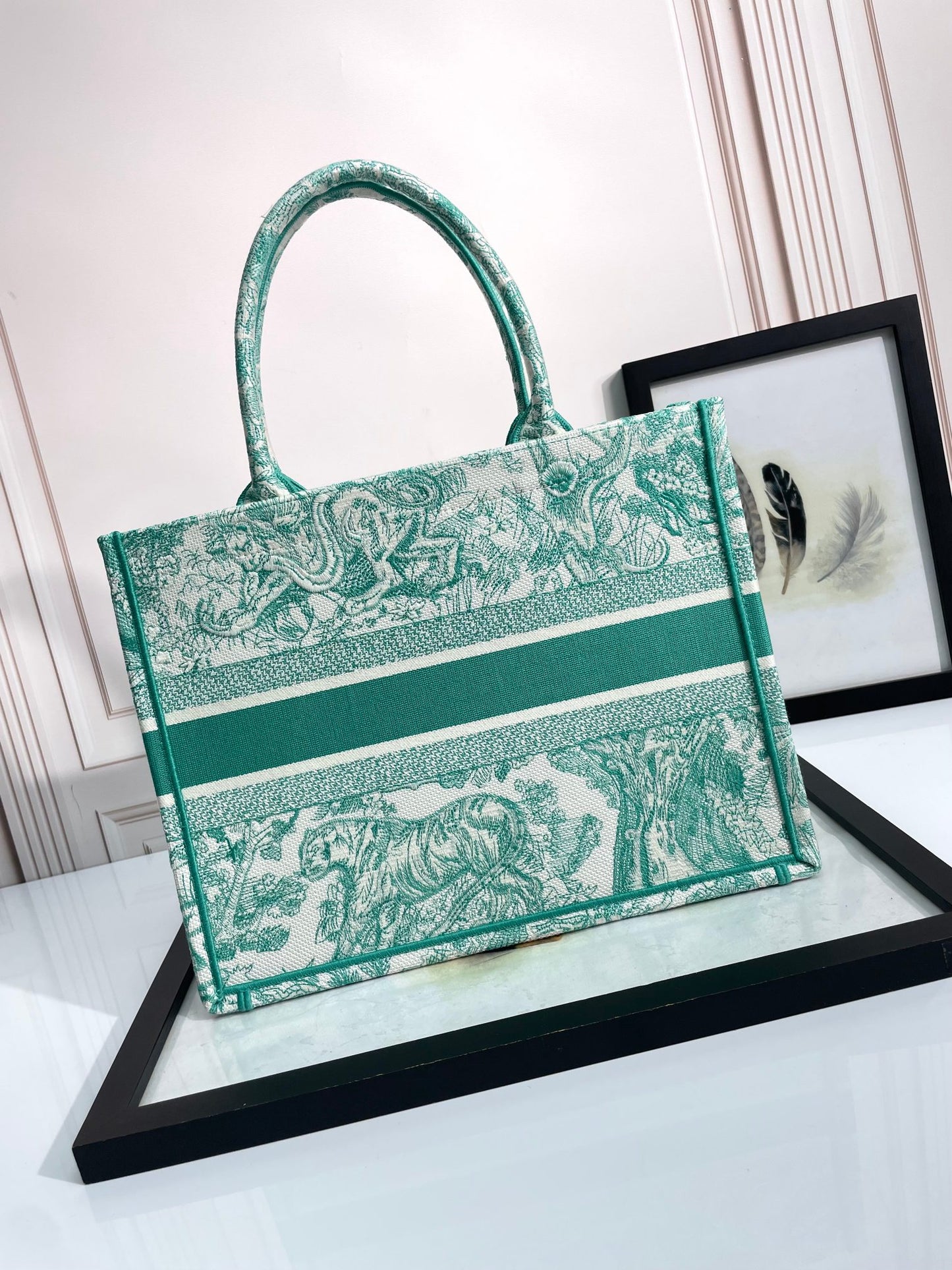 Christian Dior Medium Book Tote Green Toile de Jouy Embroidery