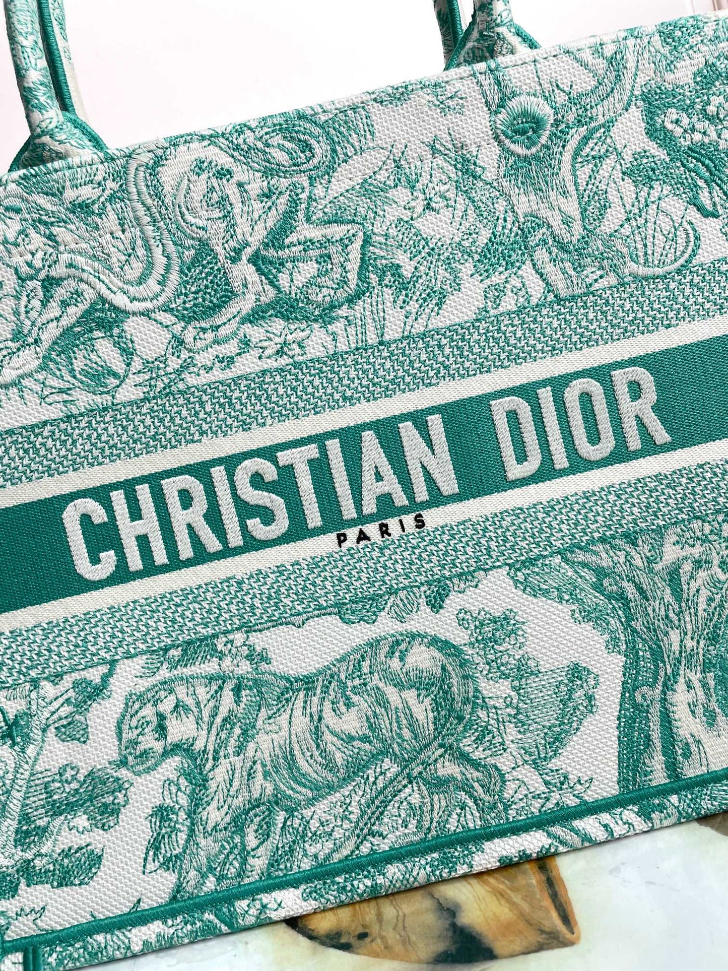 Christian Dior Medium Book Tote - Green Toile de Jouy Embroidered Canvas