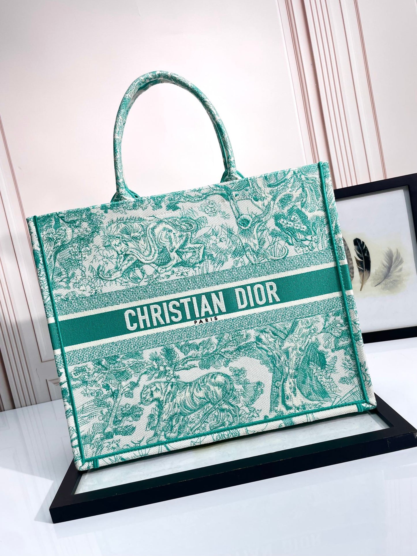 Christian Dior Large Book Tote - Green Toile de Jouy Sauvage Embroidery
