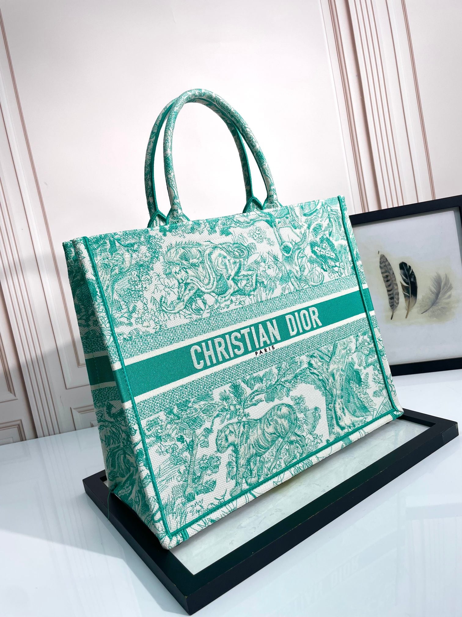 Christian Dior Large Book Tote Green Toile de Jouy Embroidered Canvas Bag