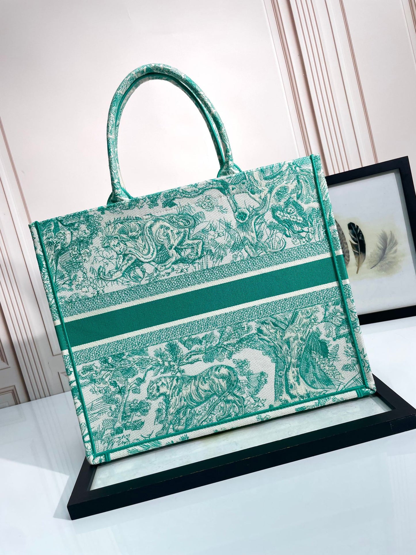 Christian Dior Large Book Tote Green Toile de Jouy Embroidered Canvas Bag