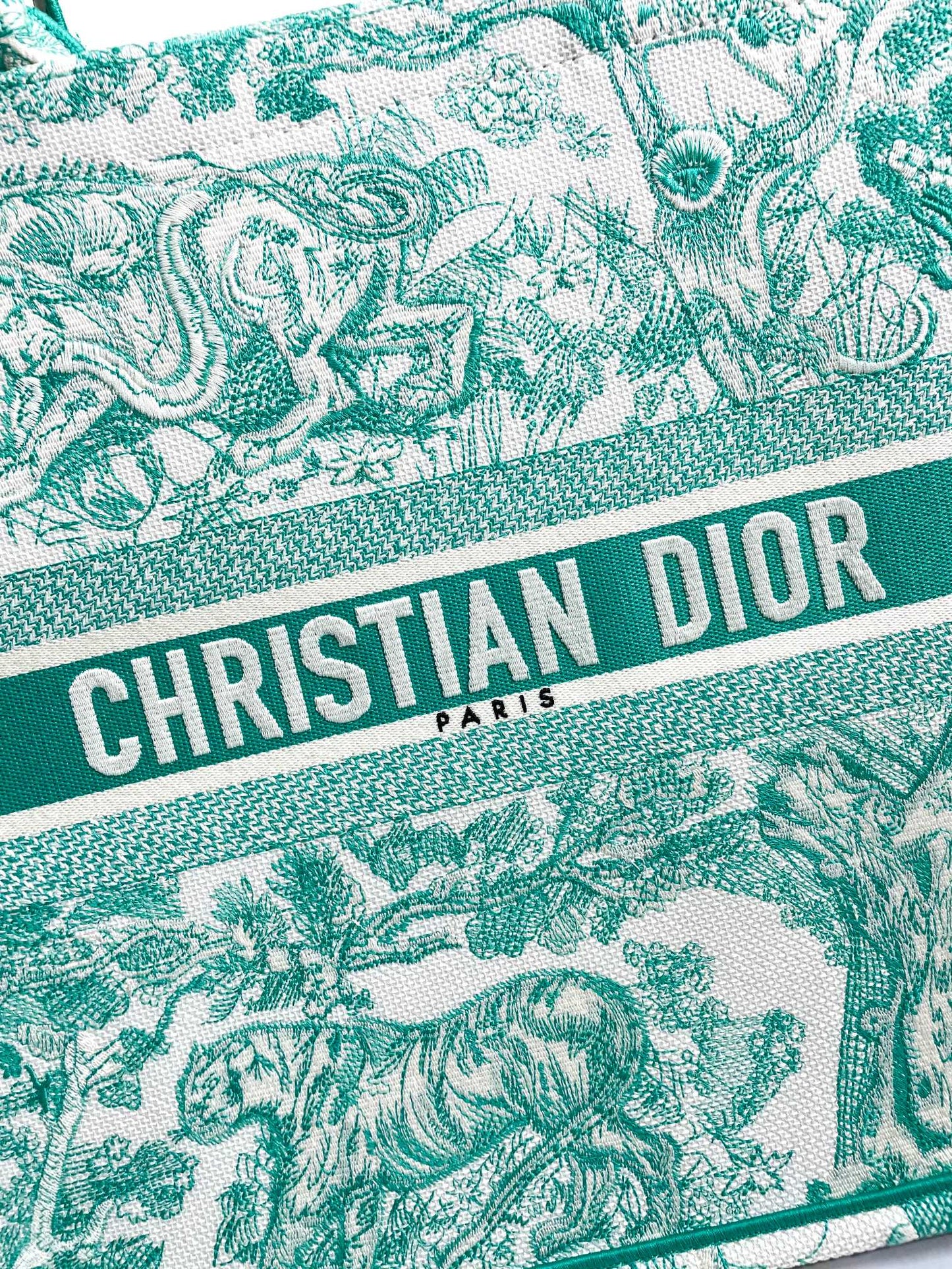 Christian Dior Large Book Tote Green Toile de Jouy Embroidered Canvas Bag