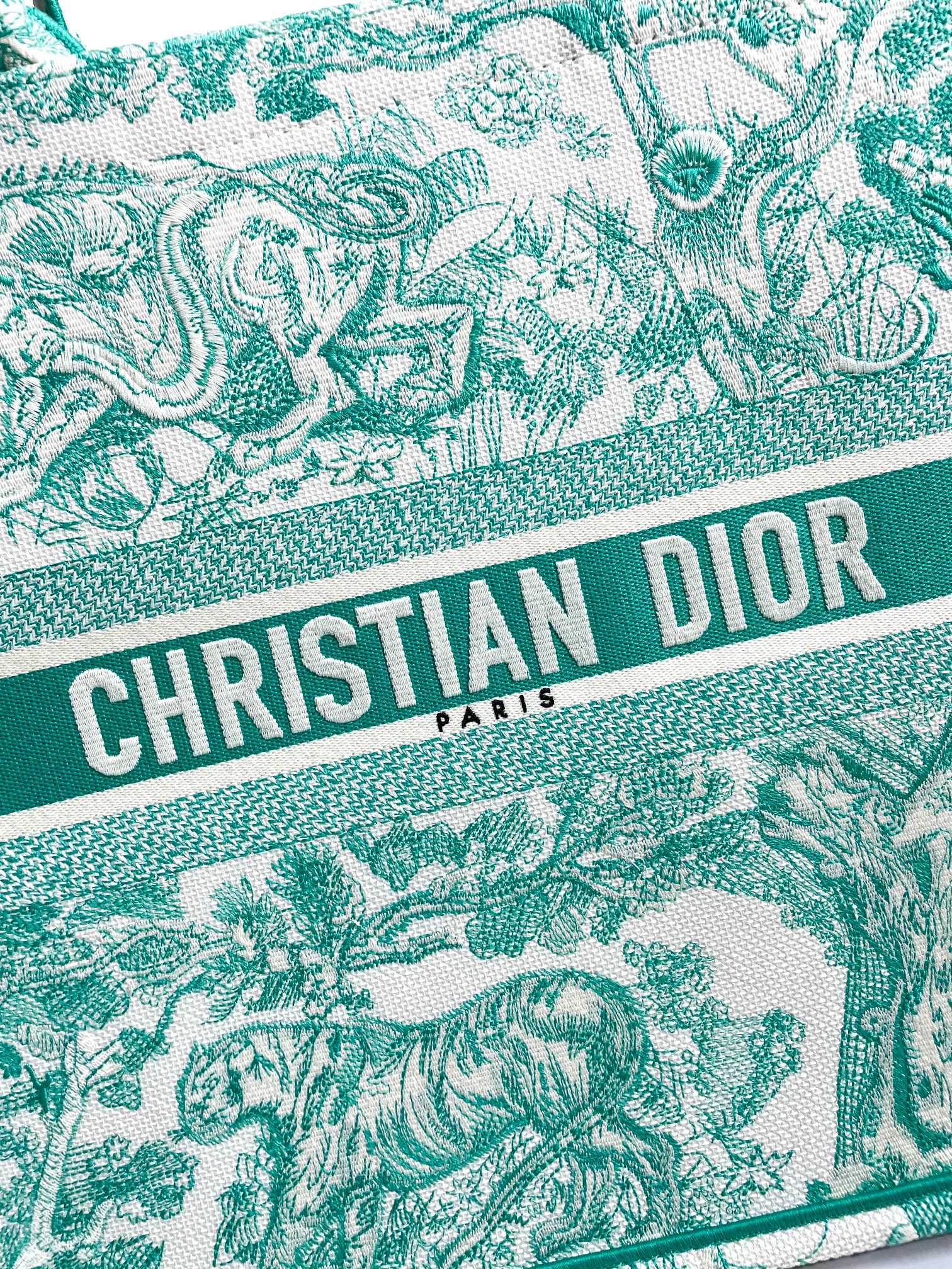 Christian Dior Large Book Tote Green Toile de Jouy Embroidered Canvas Bag