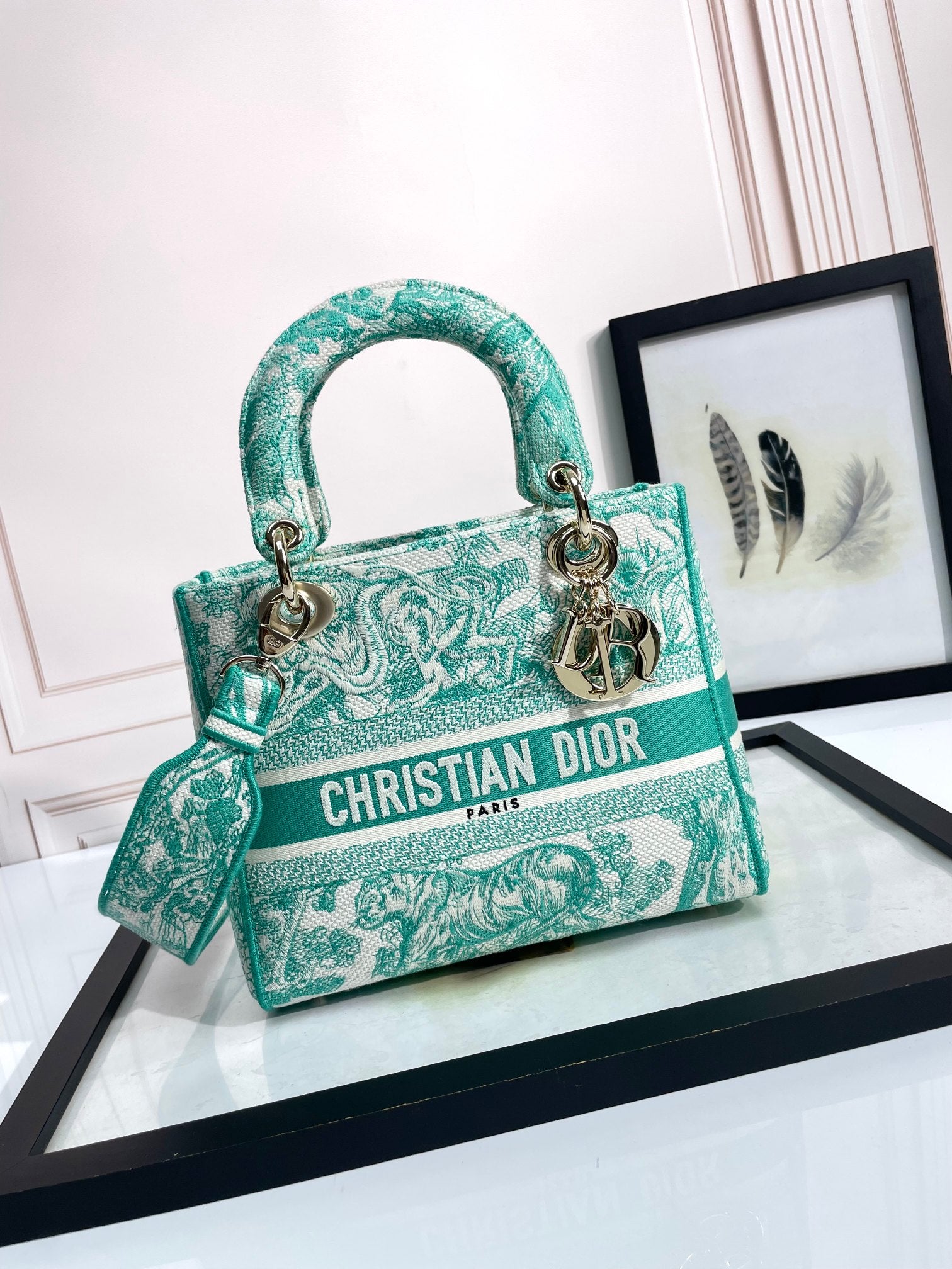 Christian Dior Medium Lady D-Lite Bag - Green Toile de Jouy Reverse Embroidery