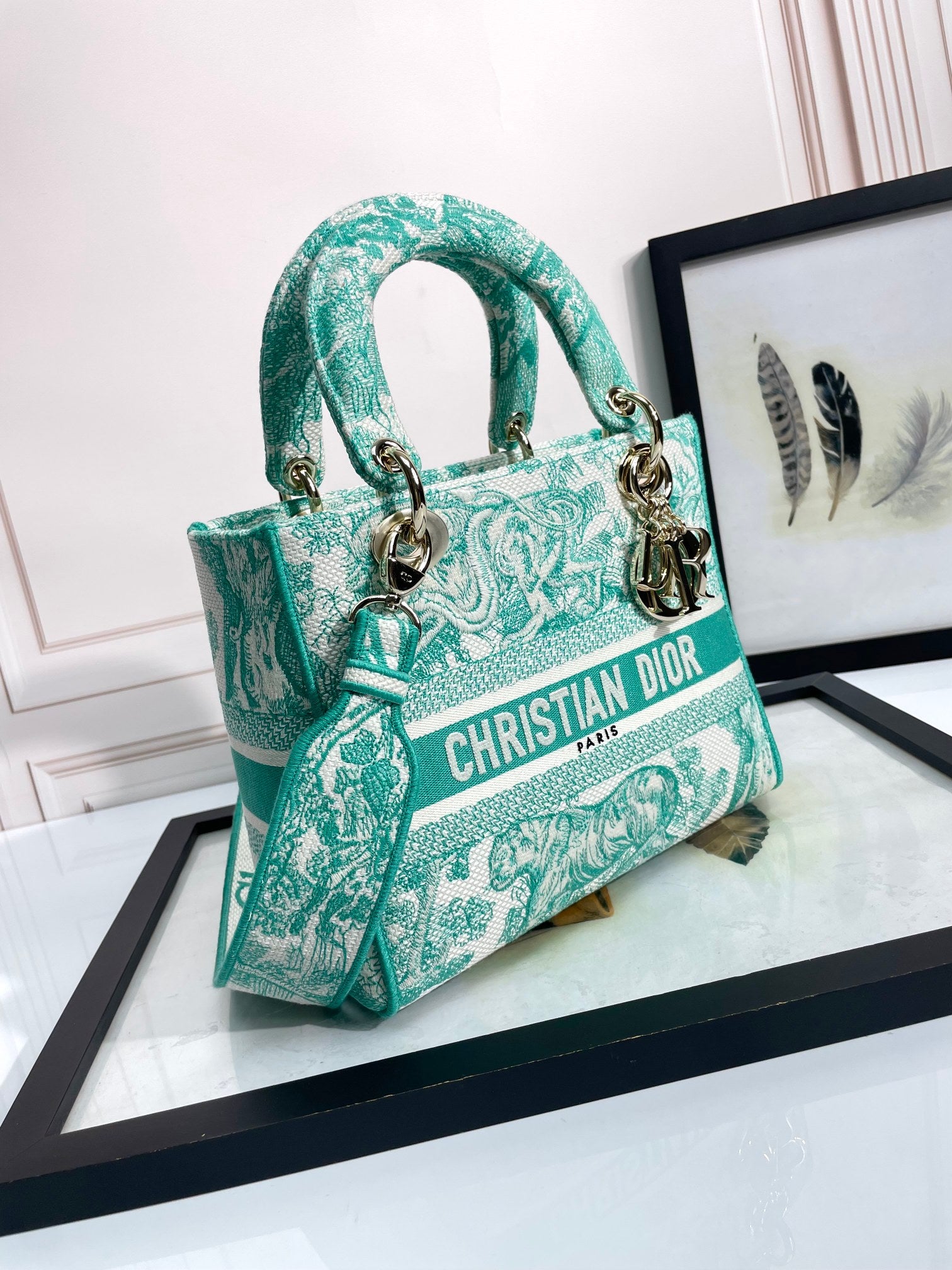 Christian Dior Lady D-Lite Bag - Green Toile de Jouy Embroidery Medium Handbag