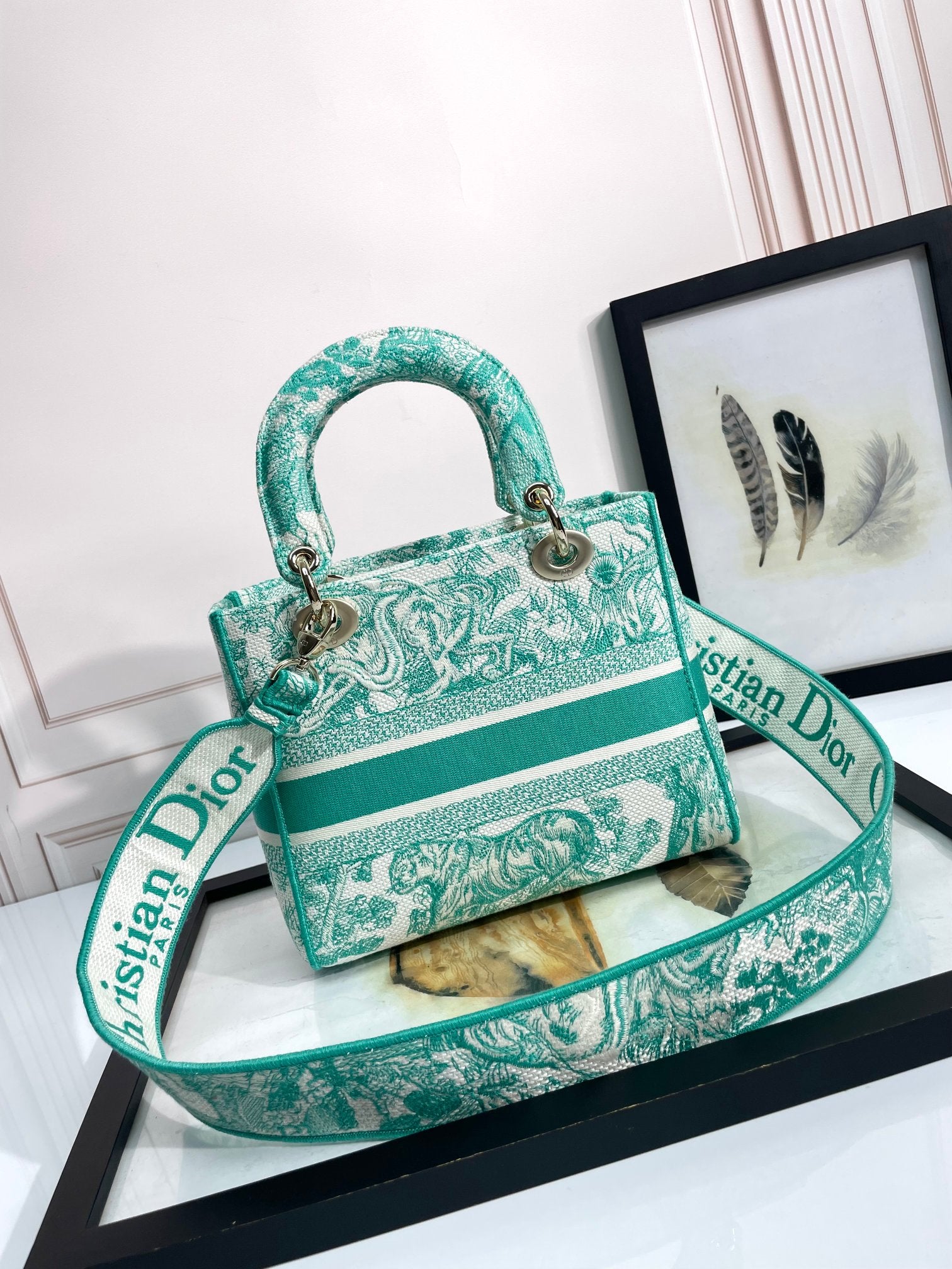Christian Dior Medium Lady D-Lite Bag - Green Toile de Jouy Reverse Embroidery