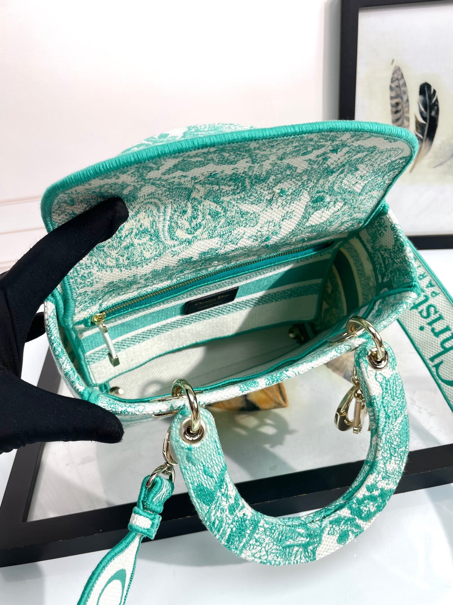 Christian Dior Medium Lady D-Lite Bag - Green Toile de Jouy Reverse Embroidery