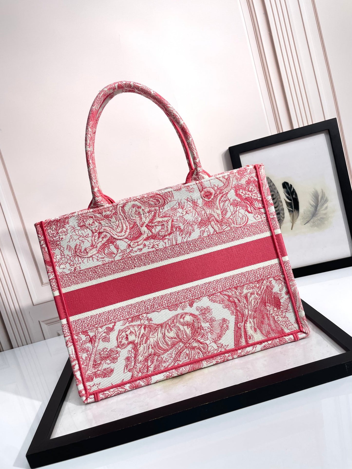 Christian Dior Large Book Tote Bag in Red Toile de Jouy Embroidery