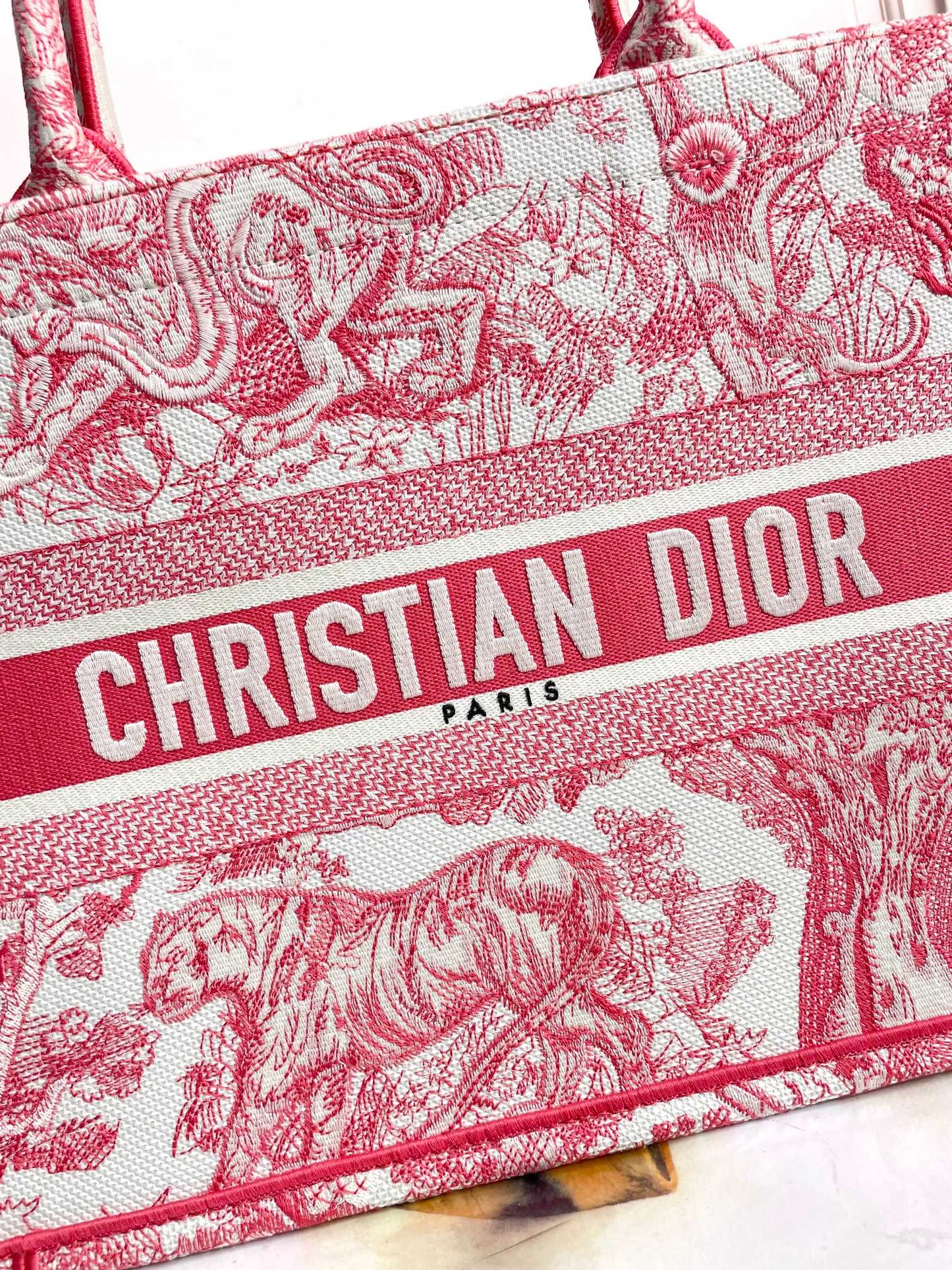 Christian Dior Book Tote Red Toile de Jouy Embroidered Canvas Large Handbag