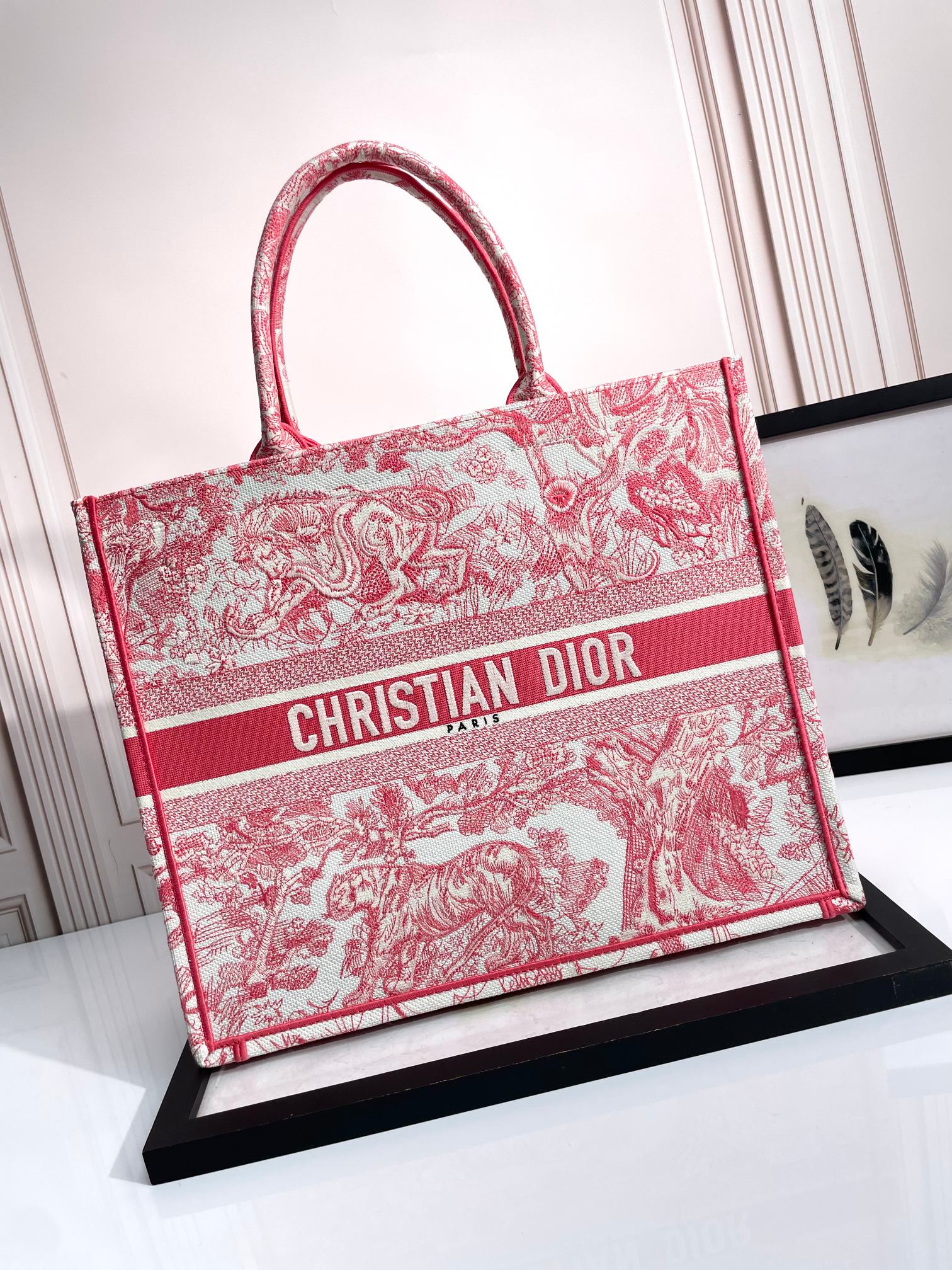 Christian Dior Large Book Tote Red Toile de Jouy Embroidery