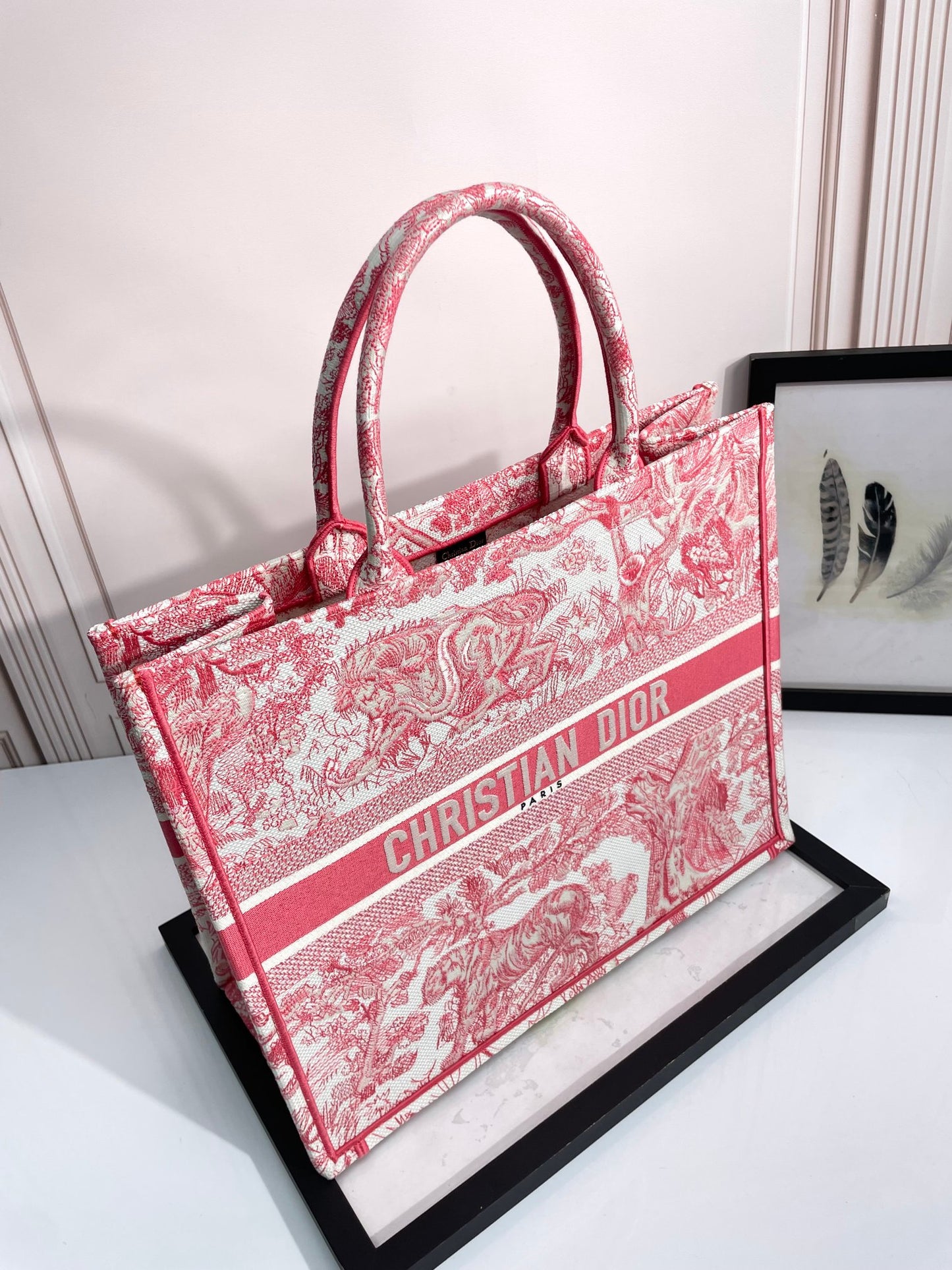 Christian Dior Large Book Tote Pink Toile de Jouy Embroidery Bag