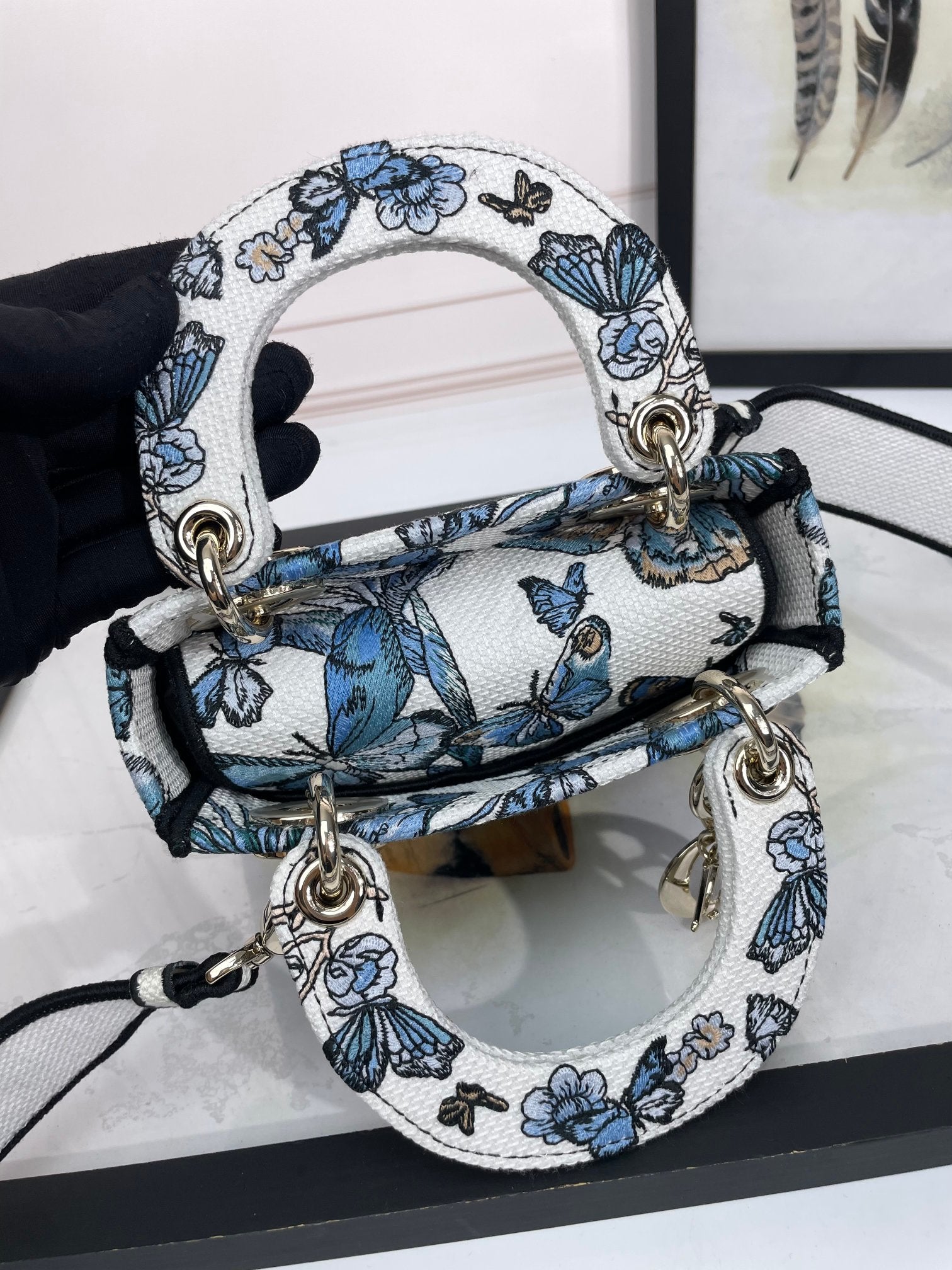 Christian Dior Lady D-Lite Bag with Blue Butterfly Motif Embroidery