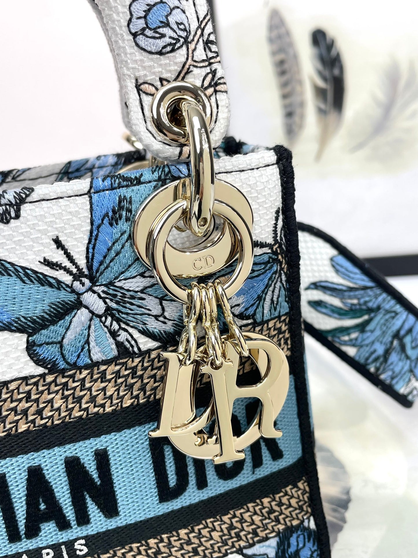Christian Dior Lady D-Lite Bag with Blue Butterfly Motif Embroidery