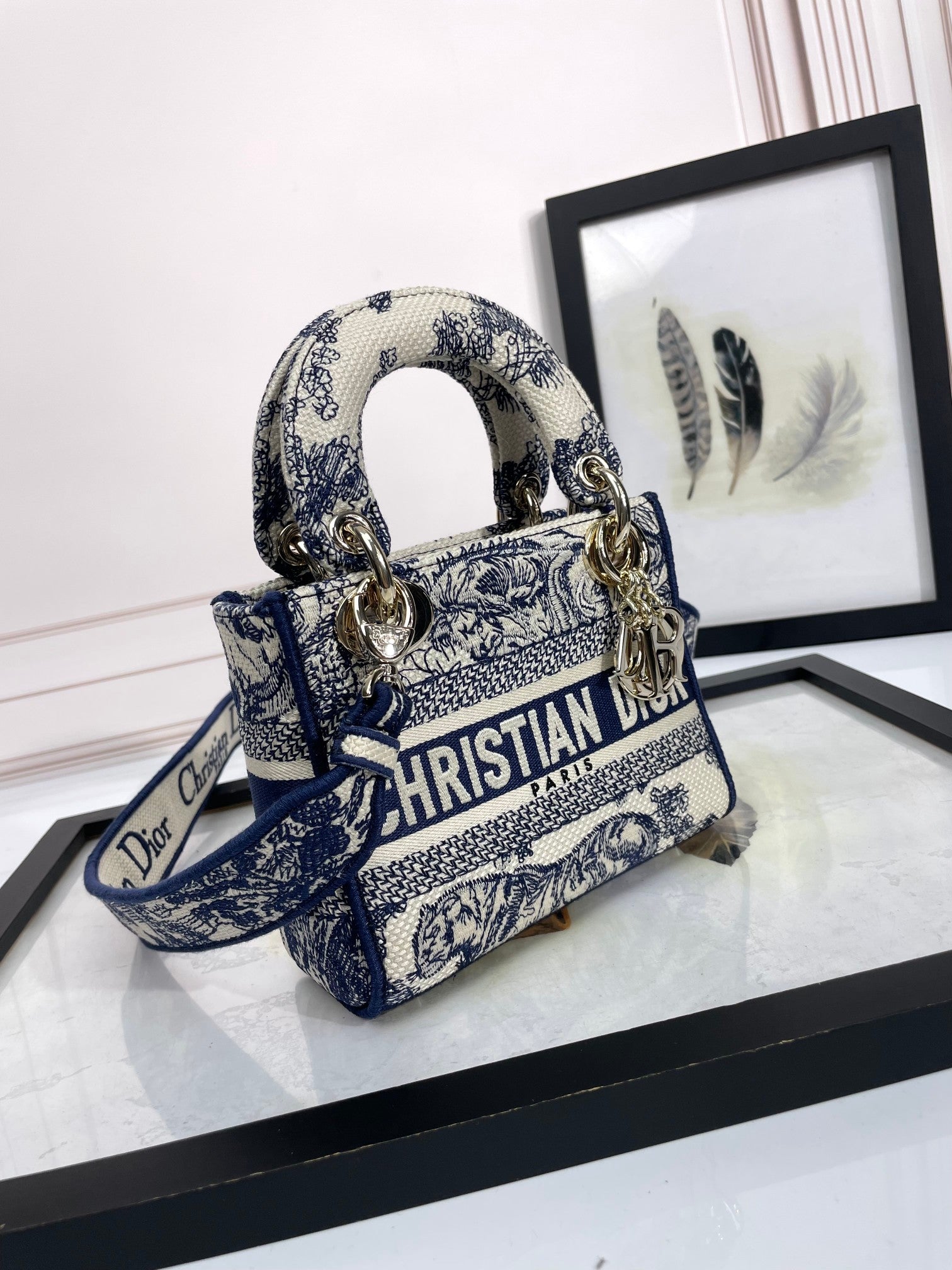 Christian Dior Mini Lady D-Lite Bag - Blue and White Toile de Jouy Embroidery