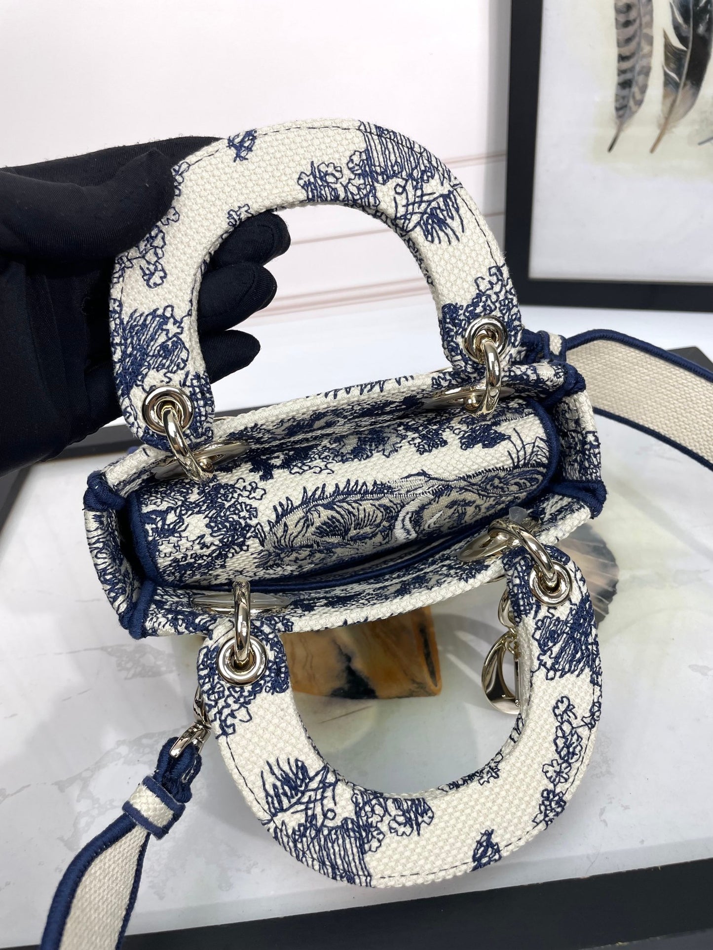 Christian Dior Mini Lady D-Lite Bag - Blue and White Toile de Jouy Embroidery