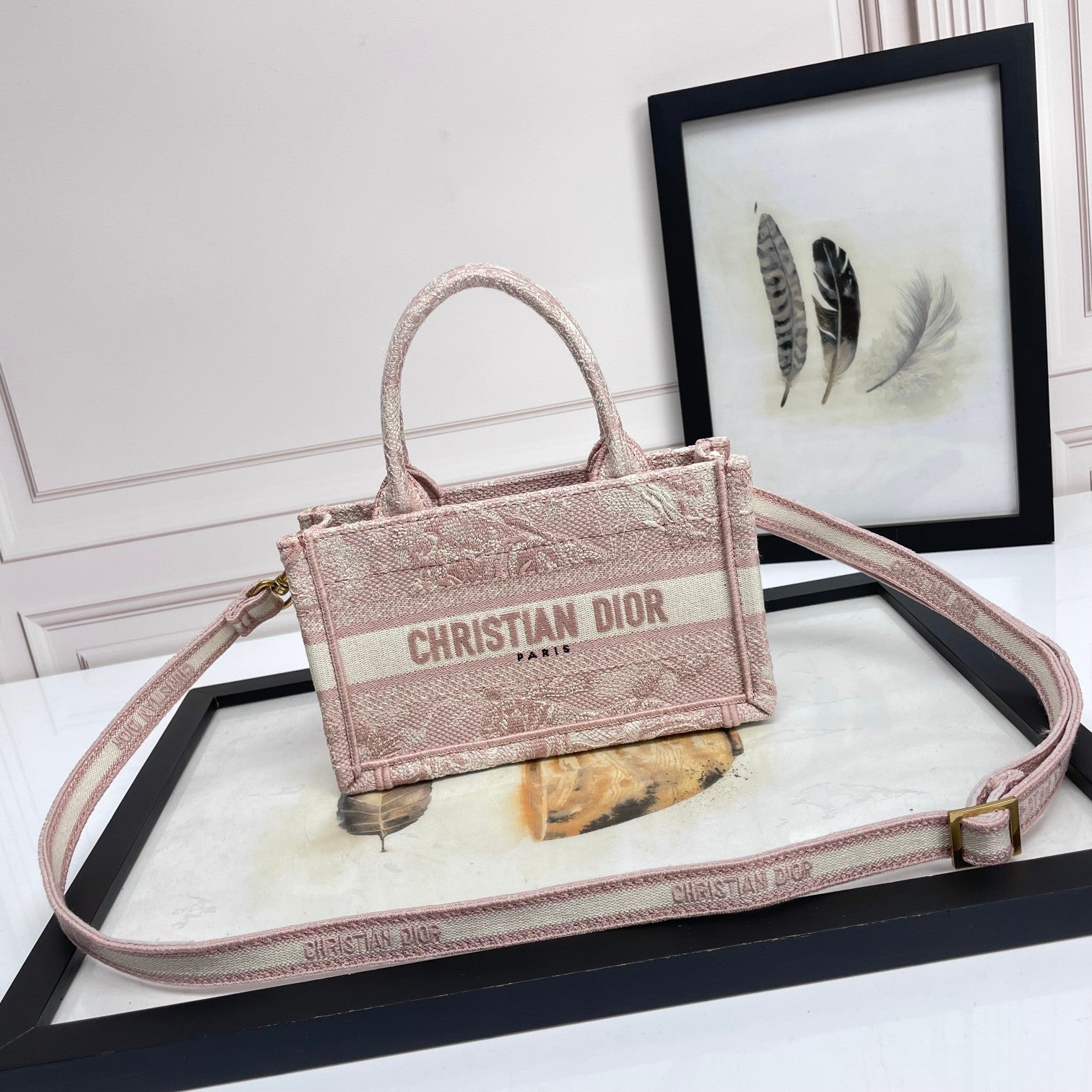 Christian Dior Mini Book Tote Bag - Pink Rose Toile de Jouy Embroidered Canvas