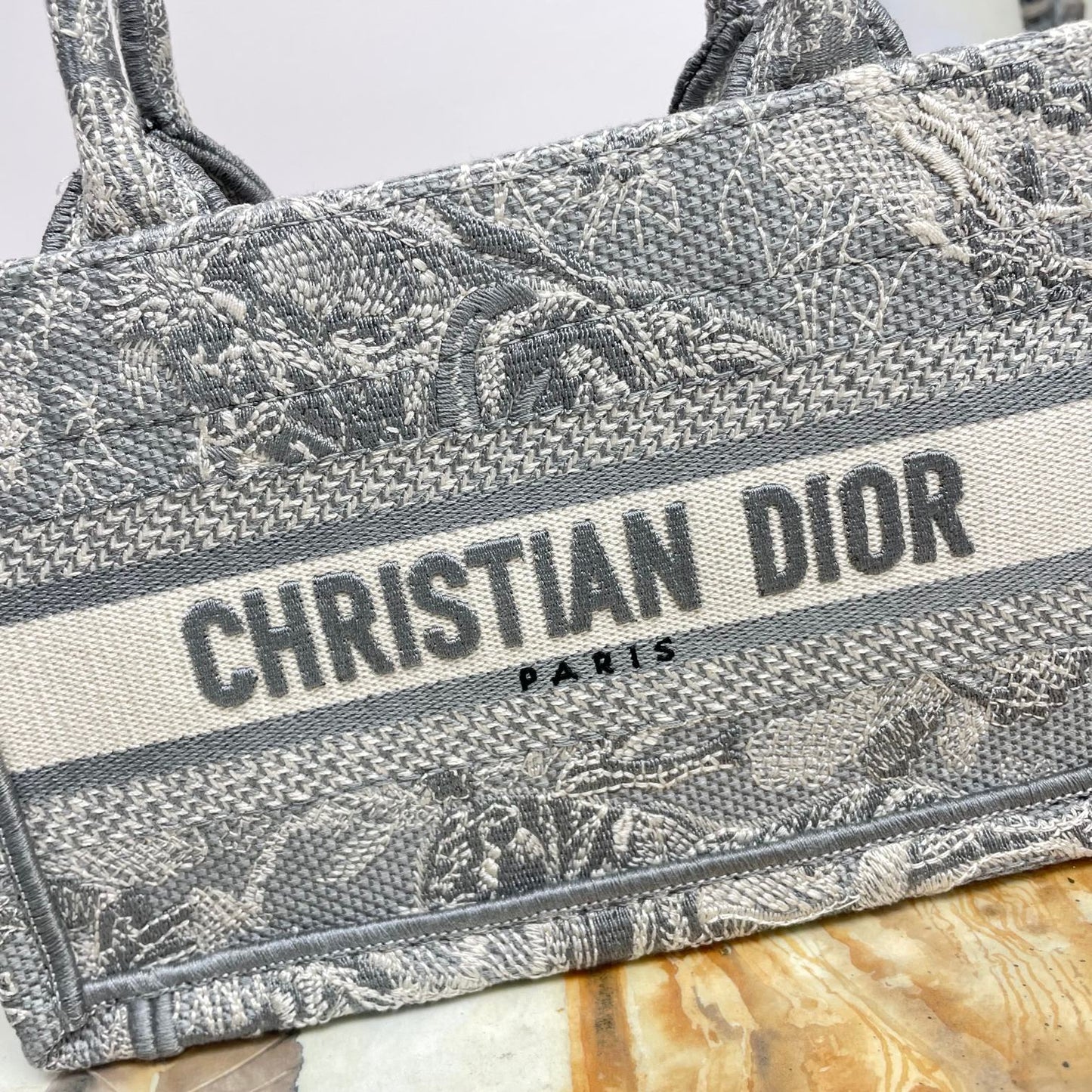 Christian Dior Mini Book Tote Bag with Strap - Grey Embroidered Canvas