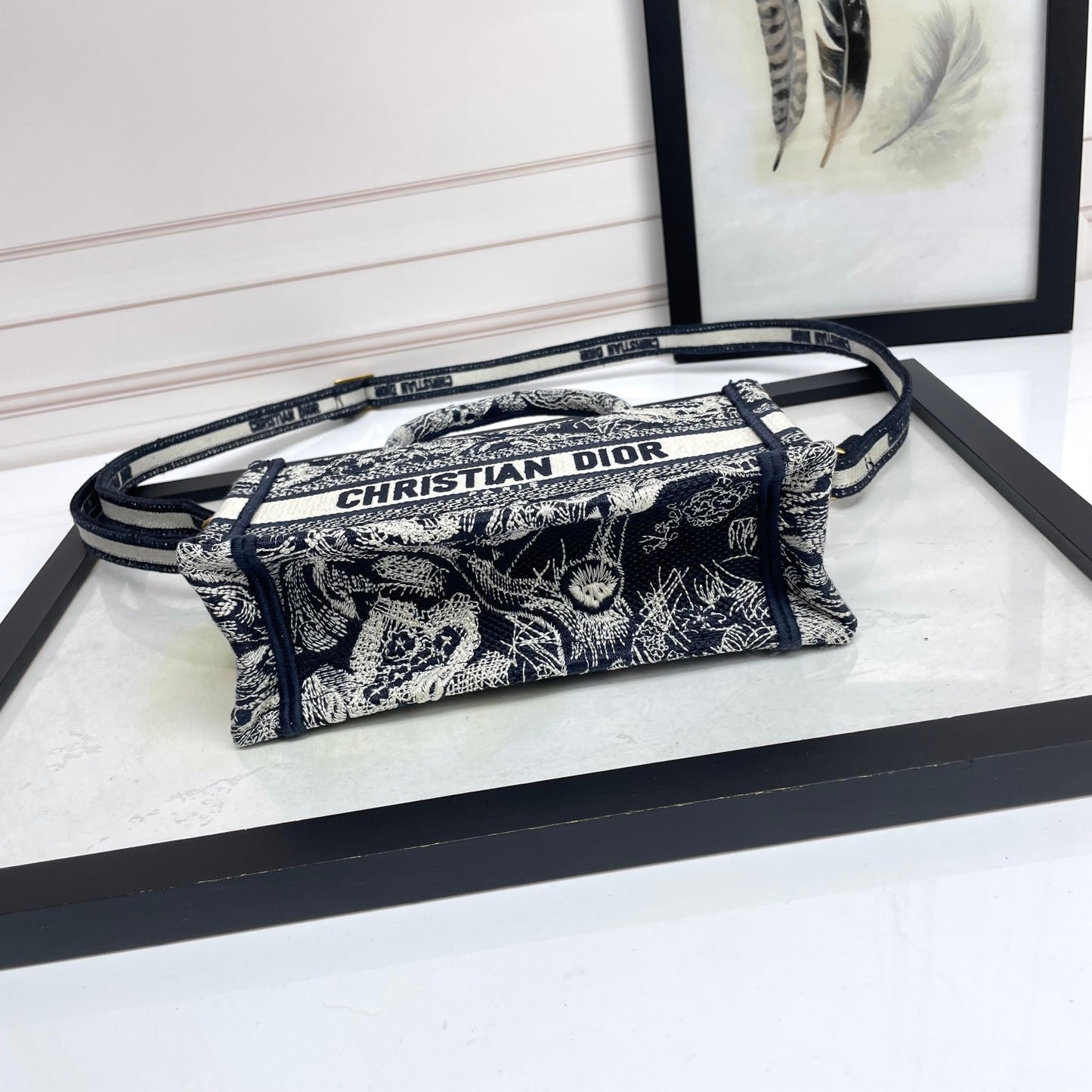 Christian Dior Mini Book Tote with Strap - Black & White Embroidered Pattern