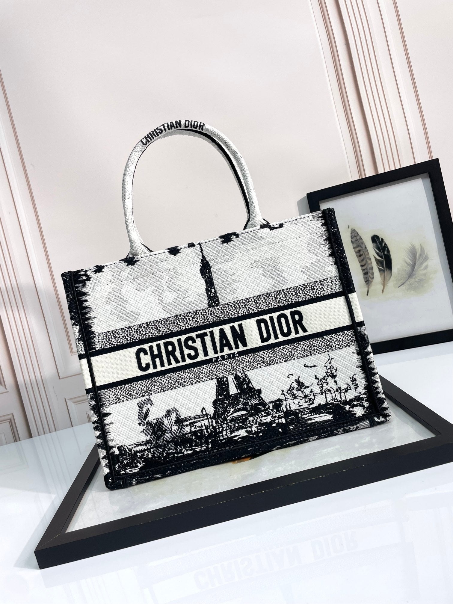 Christian Dior Large Book Tote Bag - Paris Eiffel Tower Print Embroidery - Black & White