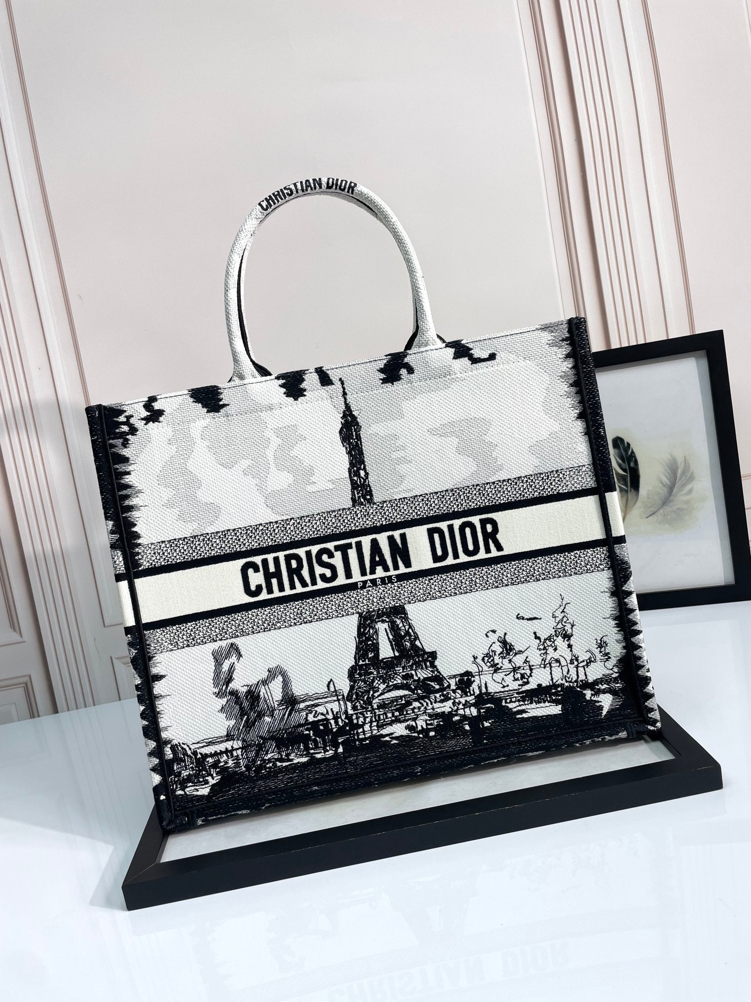 Christian Dior Large Book Tote Bag Black and White Paris Eiffel Tower Embroidery
