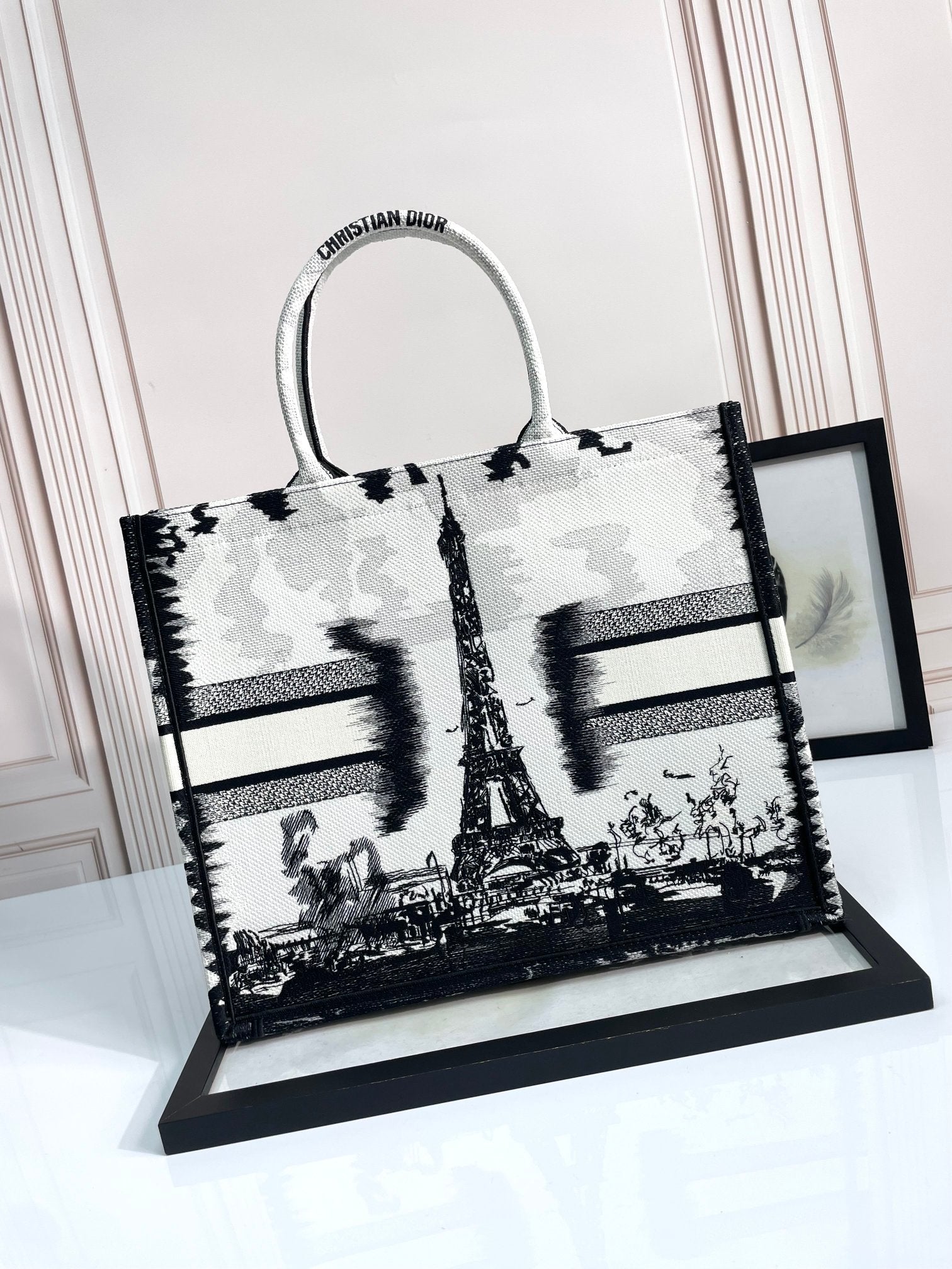 Christian Dior Large Book Tote - Eiffel Tower Embroidery - Black and White