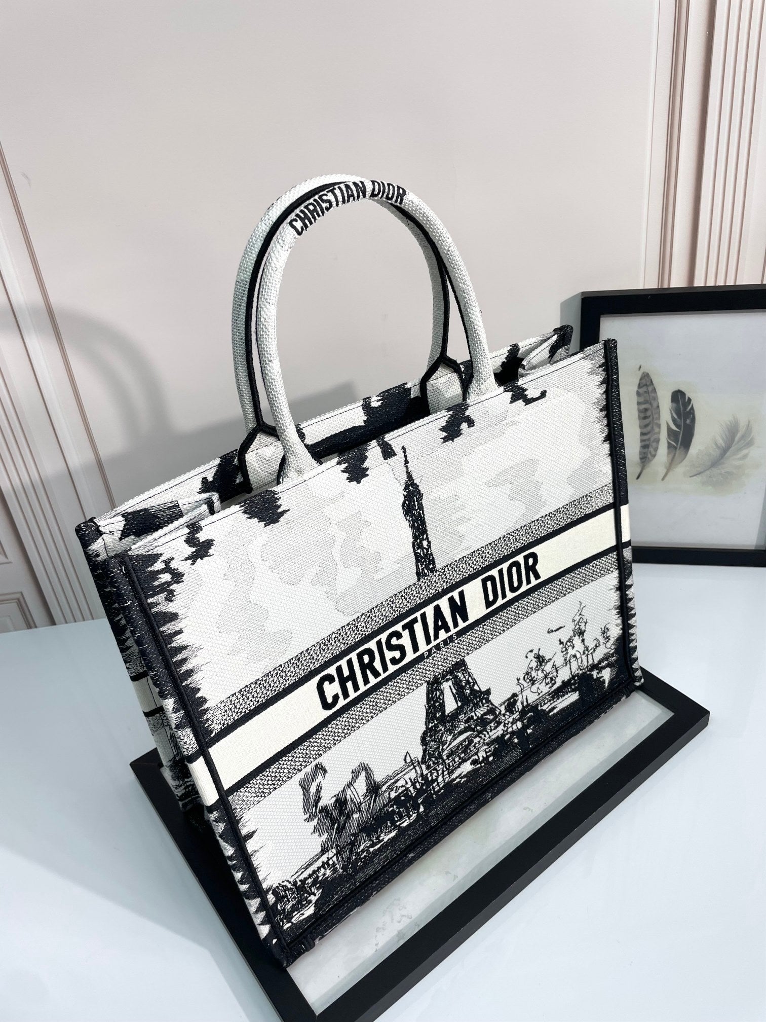 Christian Dior Large Book Tote - Eiffel Tower Embroidery - Black and White
