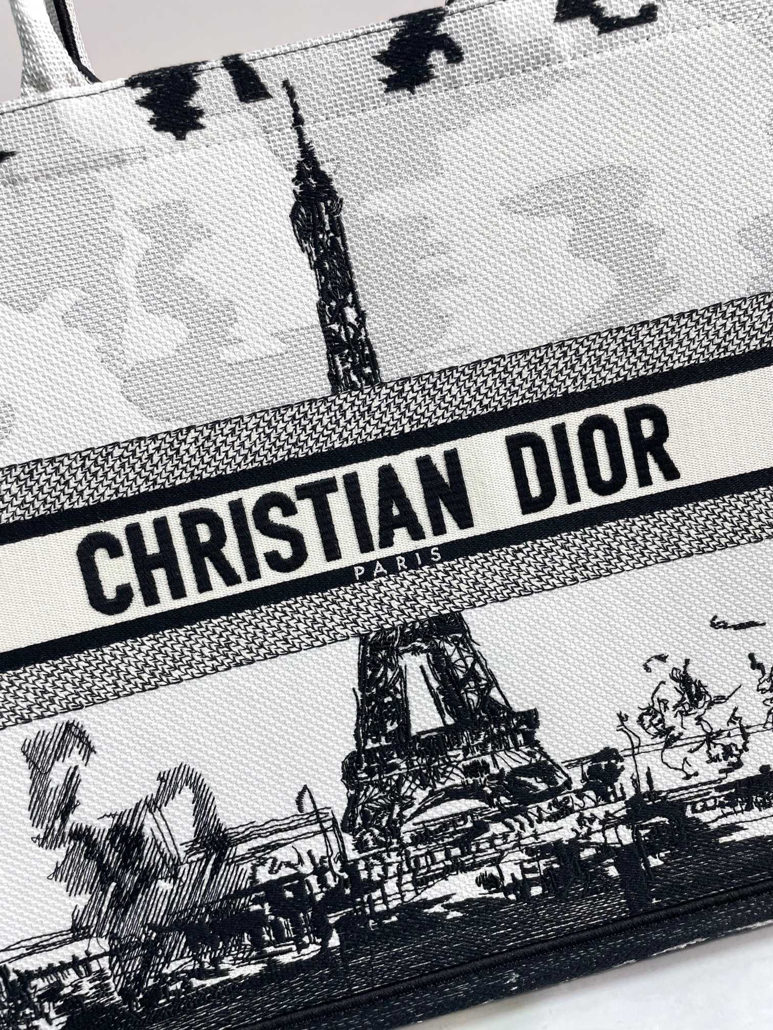 Christian Dior Large Book Tote - Black and White Plan de Paris Embroidery with Eiffel Tower