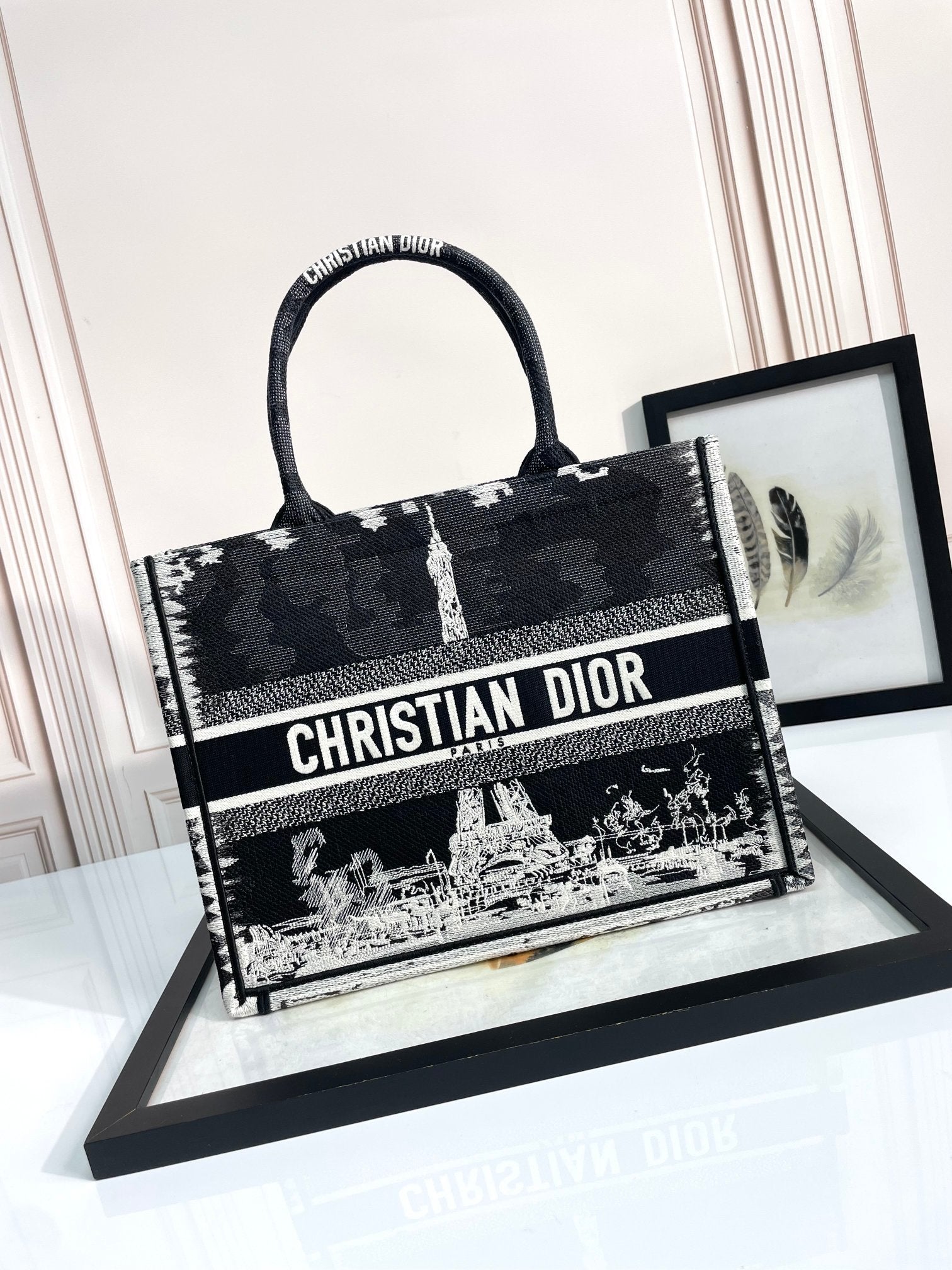 Christian Dior Book Tote Plan de Paris Bag Black and White Embroidery