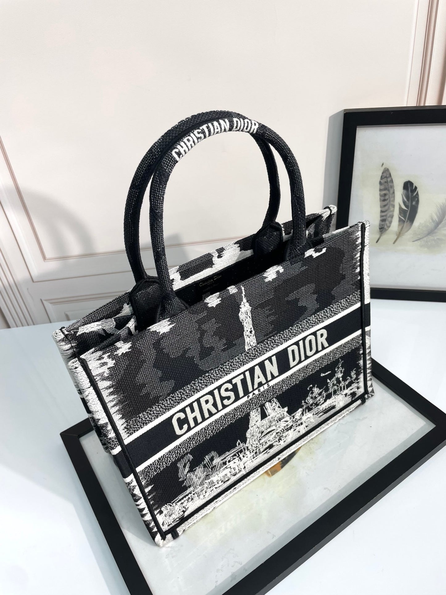 Christian Dior Book Tote Bag - Paris Print Canvas Tote - Black and White
