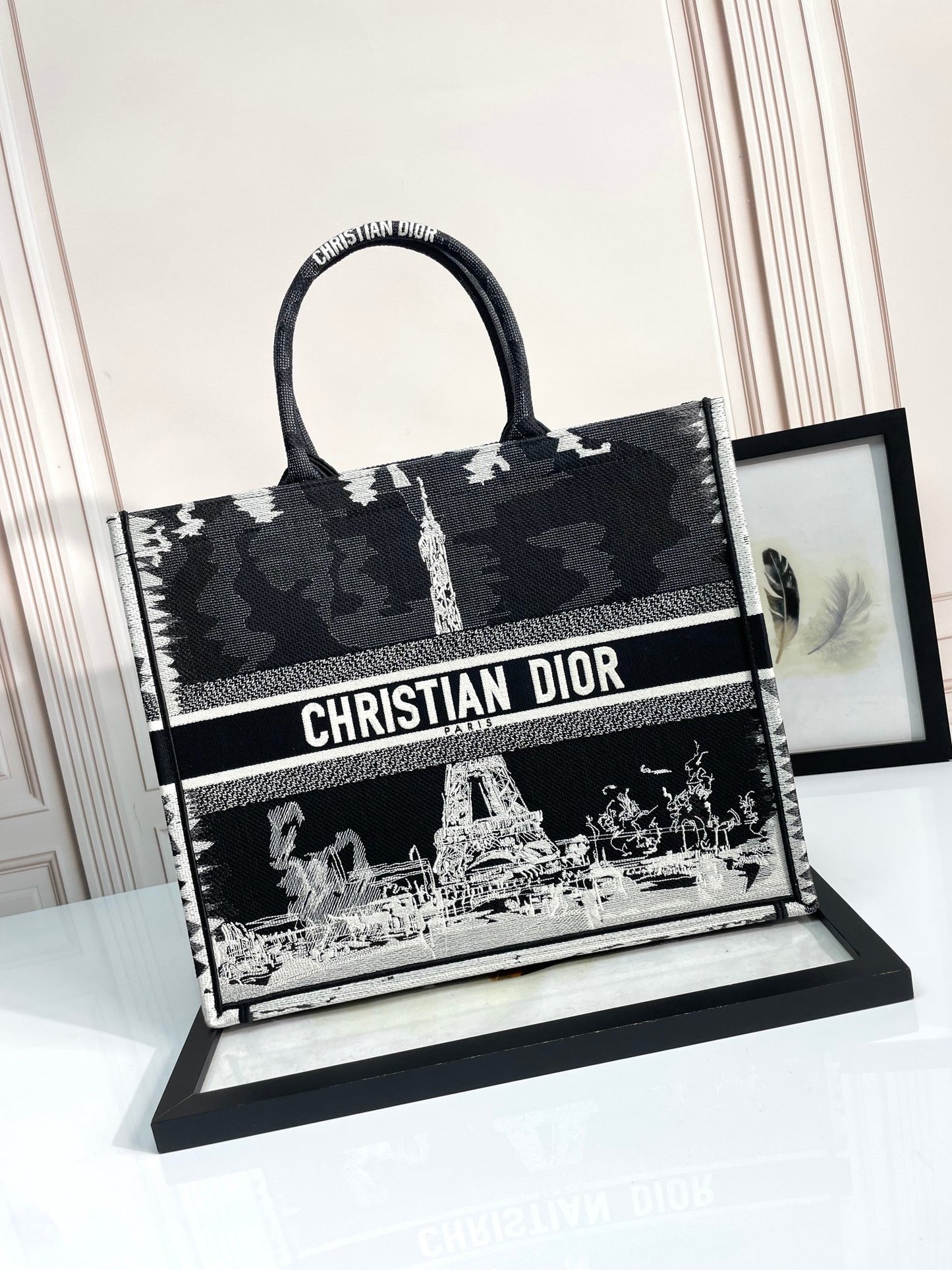 Christian Dior Book Tote Black and White Eiffel Tower Print Canvas Bag