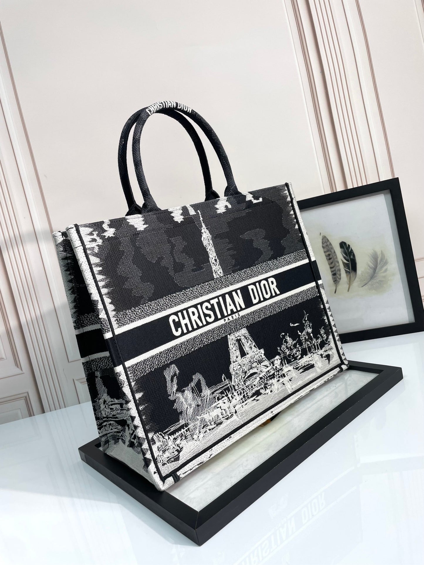 Christian Dior Large Book Tote Bag Black and White Paris Eiffel Tower Embroidery