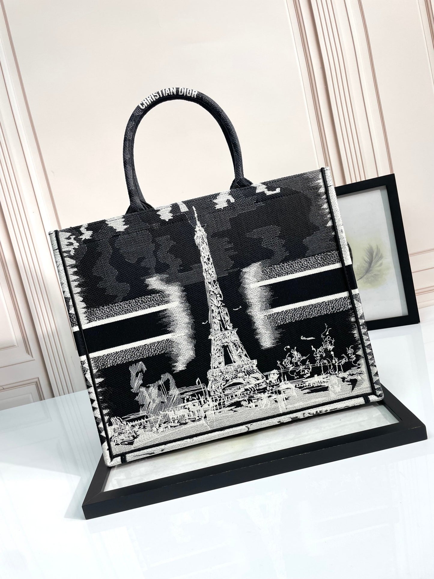 Christian Dior Large Book Tote Bag with Black and White Eiffel Tower Embroidery