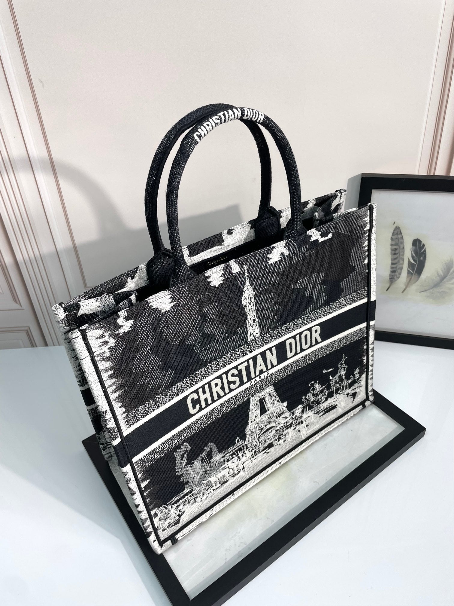 Christian Dior Large Book Tote Bag with Black and White Eiffel Tower Embroidery