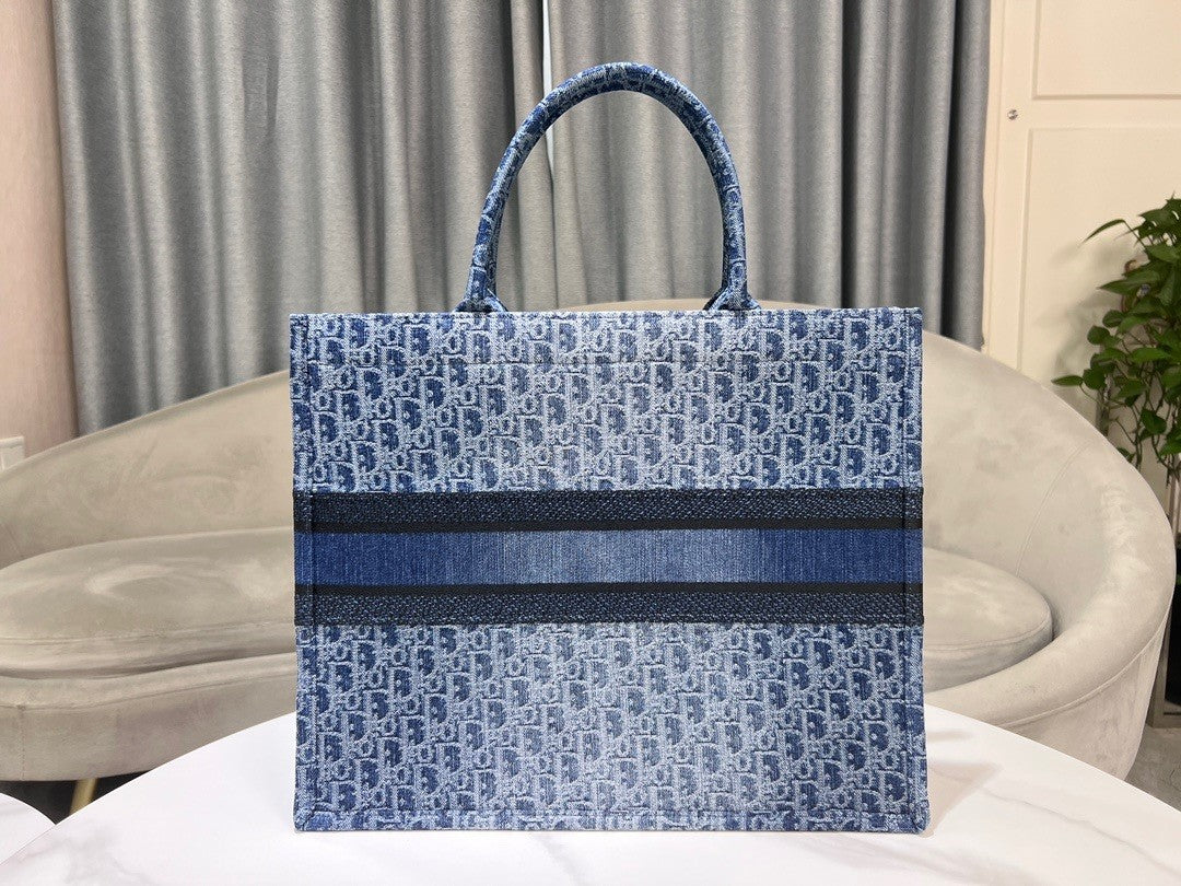 Christian Dior Large Blue Dior Oblique Embroidery Book Tote Bag