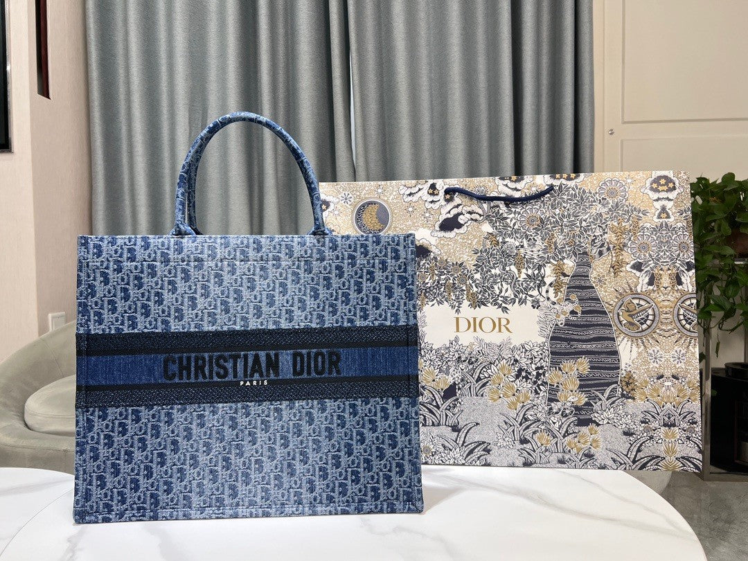 Christian Dior Large Blue Dior Oblique Embroidery Book Tote Bag