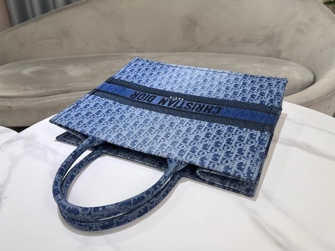 Christian Dior Large Blue Dior Oblique Embroidery Book Tote Bag