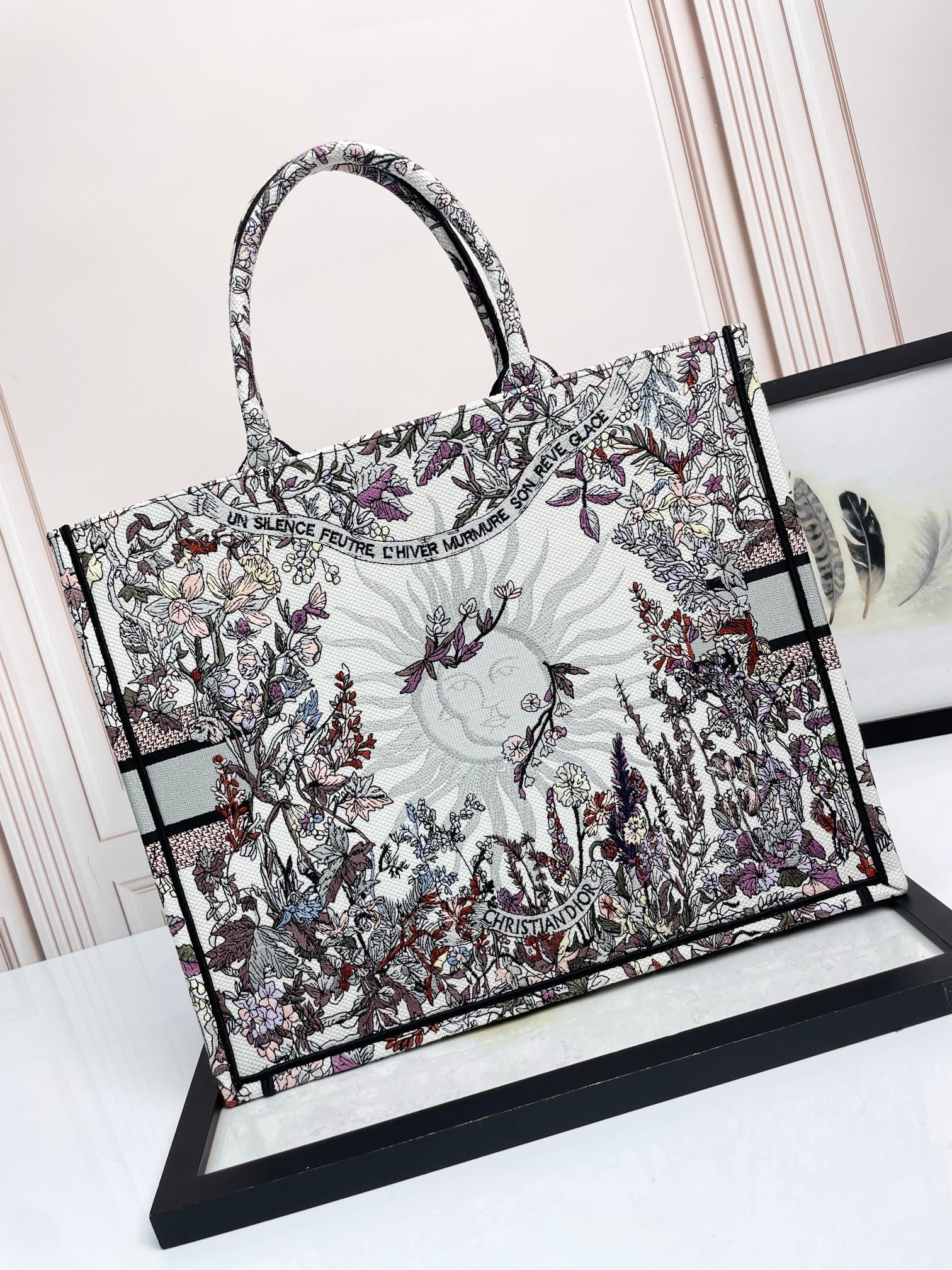Christian Dior Large Book Tote with Multi-Color Floral Embroidery