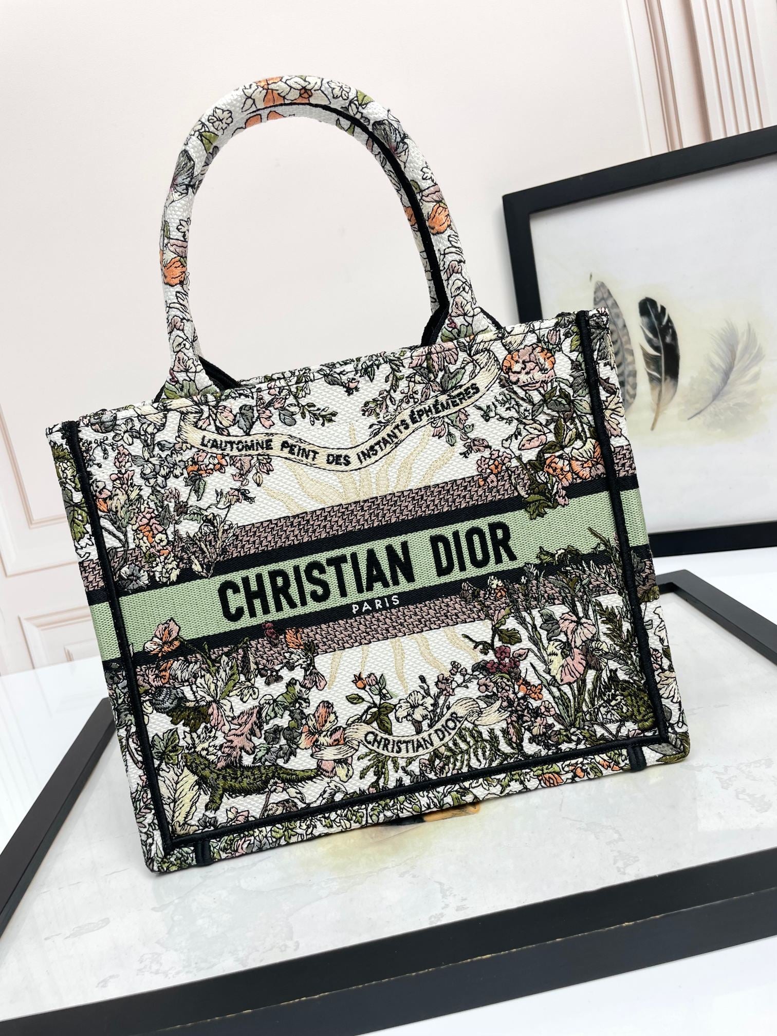 Christian Dior Large Book Tote Bag Floral Embroidery Green & Multicolor