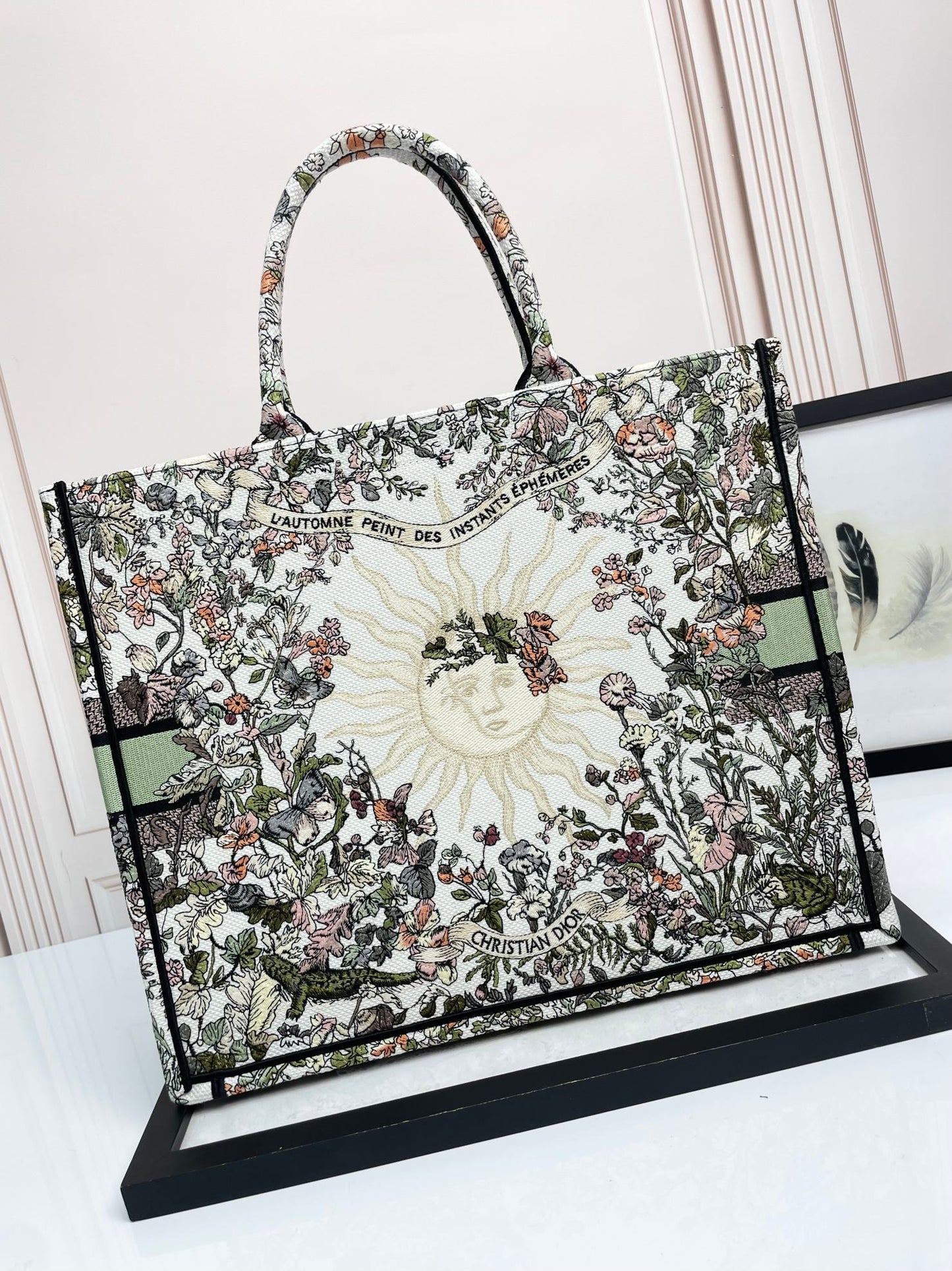 Christian Dior Large Book Tote Bag in Embroidered Floral Canvas - Multicolor/Sage Green