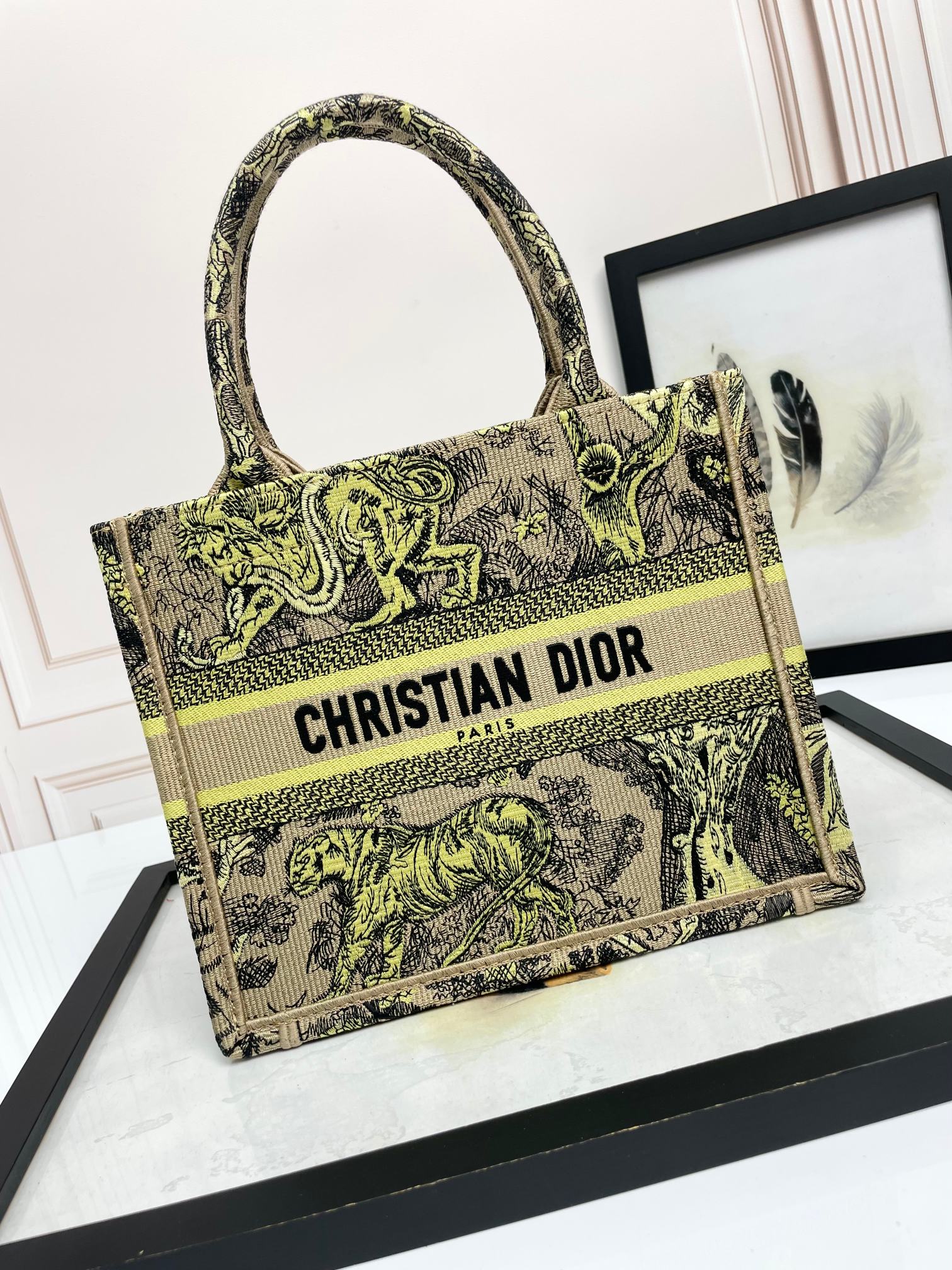 Christian Dior Medium Book Tote Bag Toile de Jouy Reverse Tiger Embroidery
