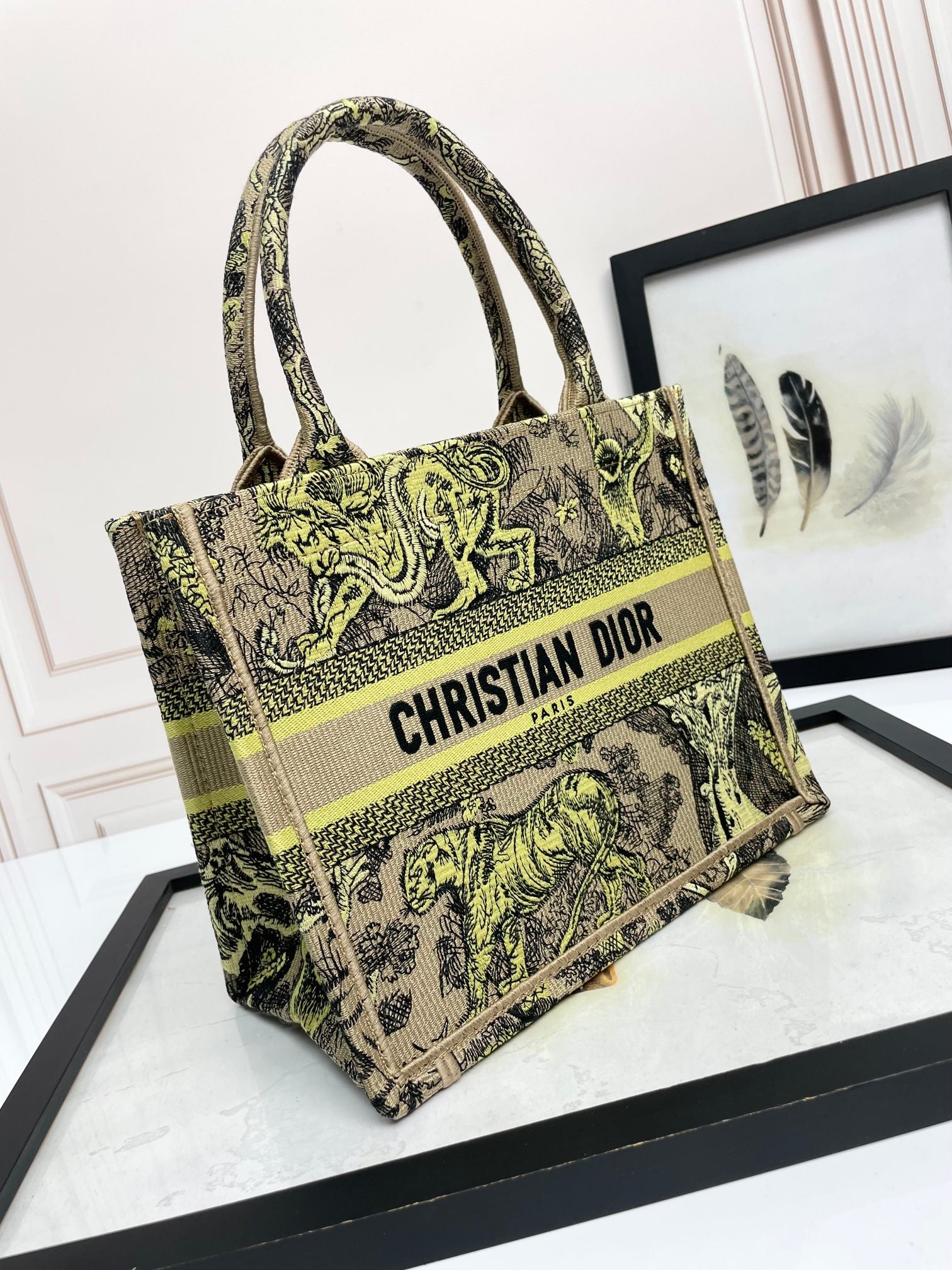 Christian Dior Medium Book Tote Yellow Multicolored Tiger Embroidered Canvas Bag