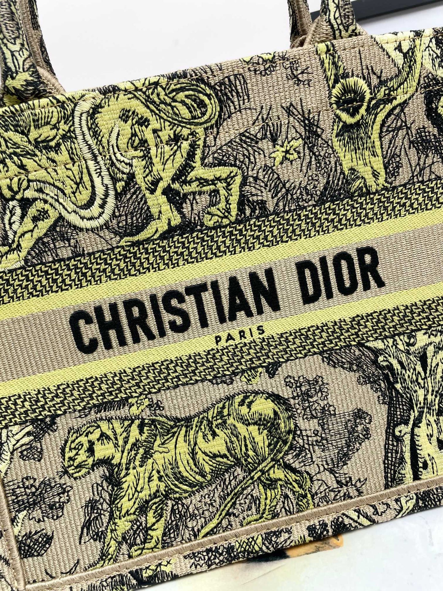 Christian Dior Medium Book Tote Yellow Multicolored Tiger Embroidered Canvas Bag