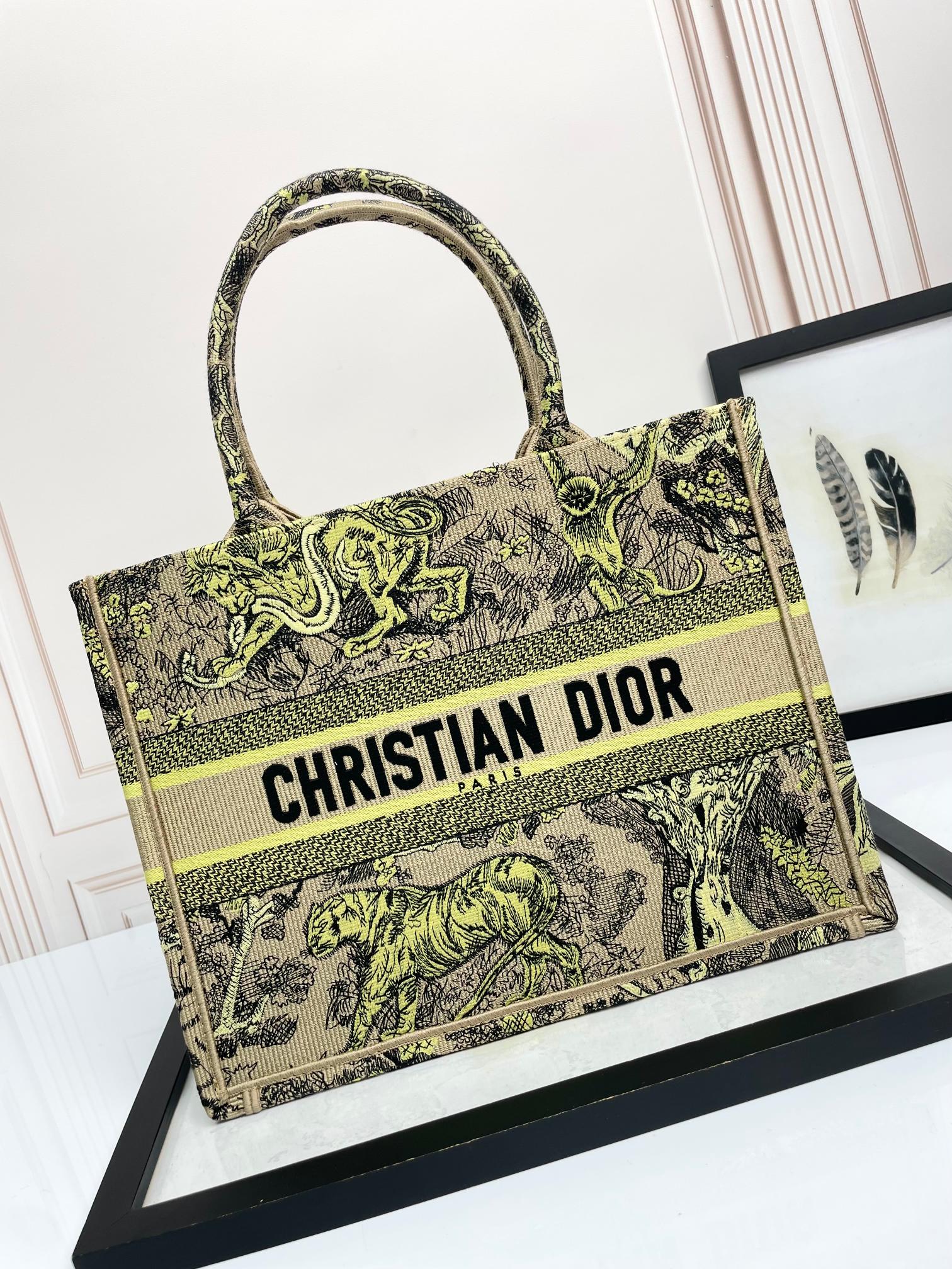 Christian Dior Large Book Tote Bag - Green Toile de Jouy Tiger Embroidery